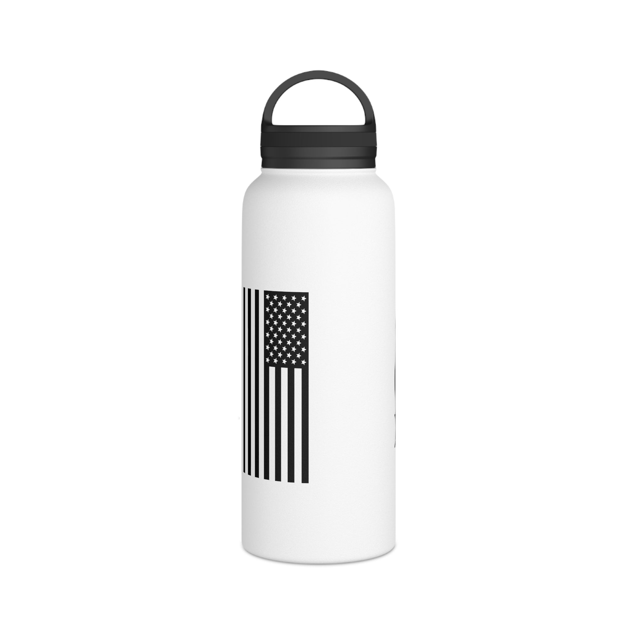 White stainless steel water bottle with black carry handle and American flag stripe graphic
