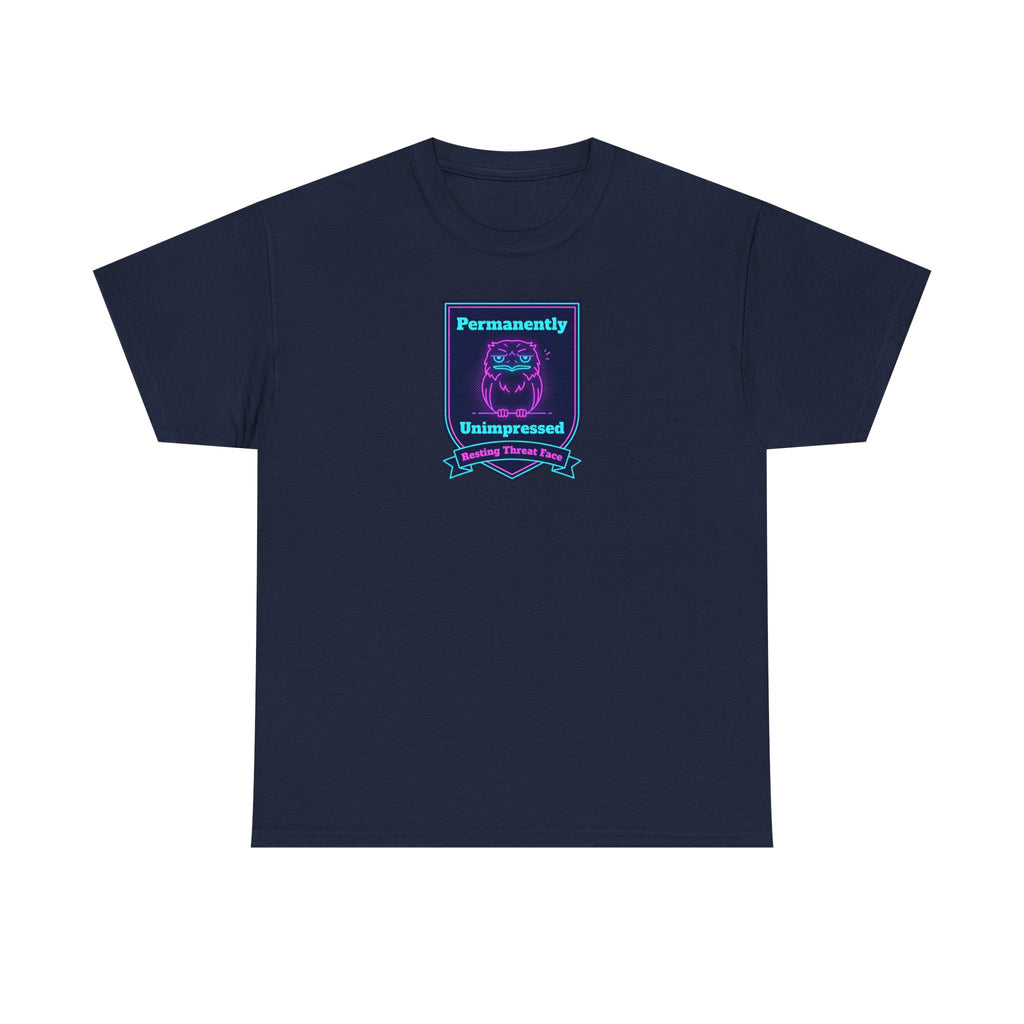 Permanently Unimpressed Badge Tee | Retro Neon Robot Design