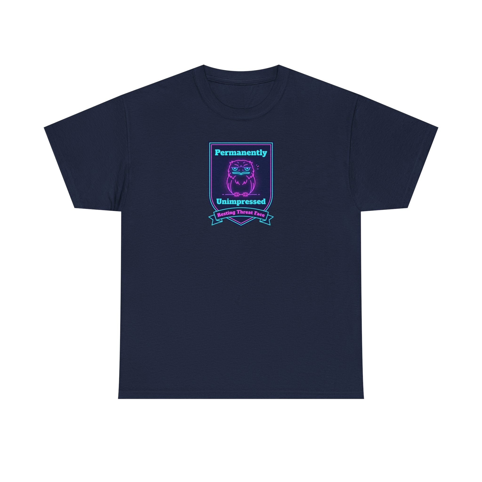 Permanently Unimpressed Badge Tee | Retro Neon Robot Design
