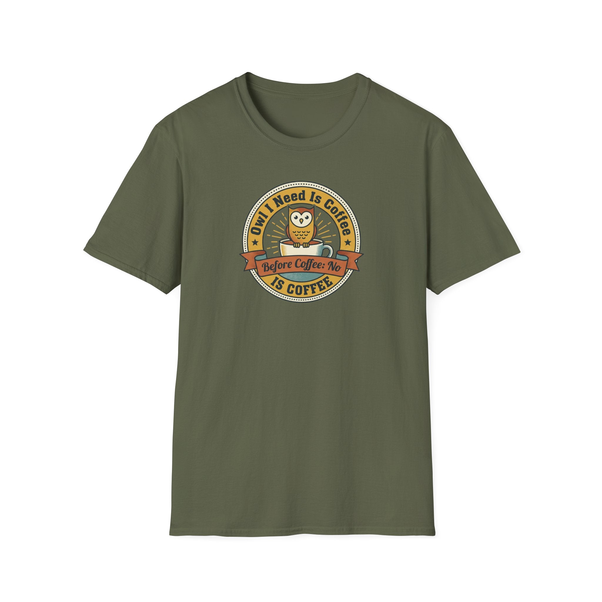 Owl I Need Is Coffee T-Shirt | Cute Coffee Owl Vintage Badge