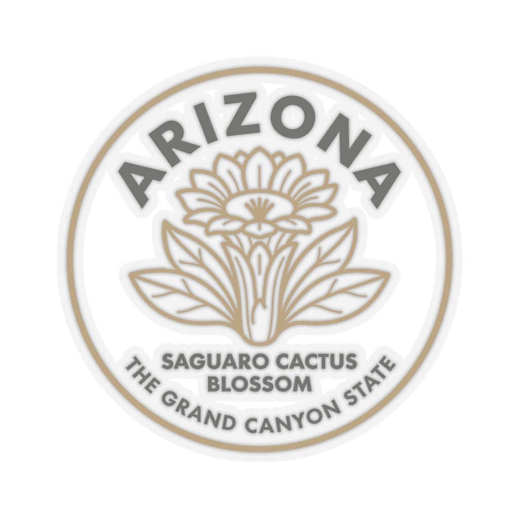 Circular vinyl decal featuring saguaro cactus blossom and Arizona text, beige on clear.