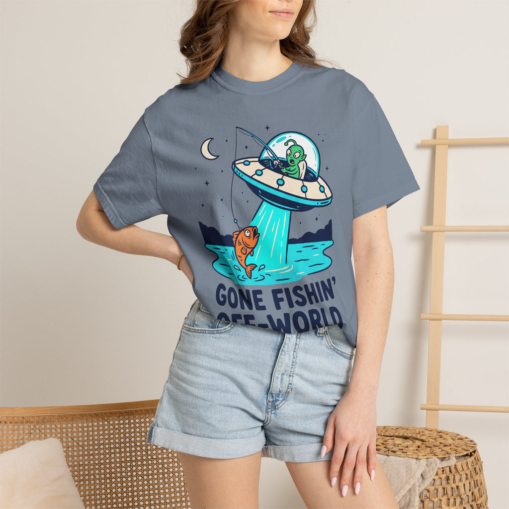Slate blue crewneck t-shirt with alien fishing saucer and “GONE FISHIN’” text