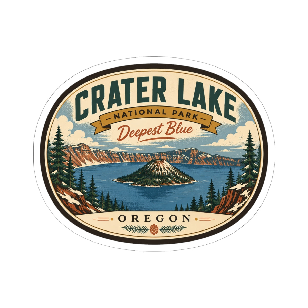 Round travel sticker featuring Crater Lake National Park banner and mountain lake landscape.