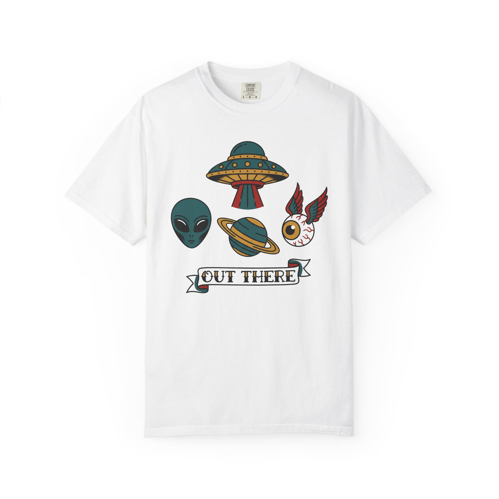 White graphic T-shirt with alien, UFO, and "OUT THERE" patch-style print
