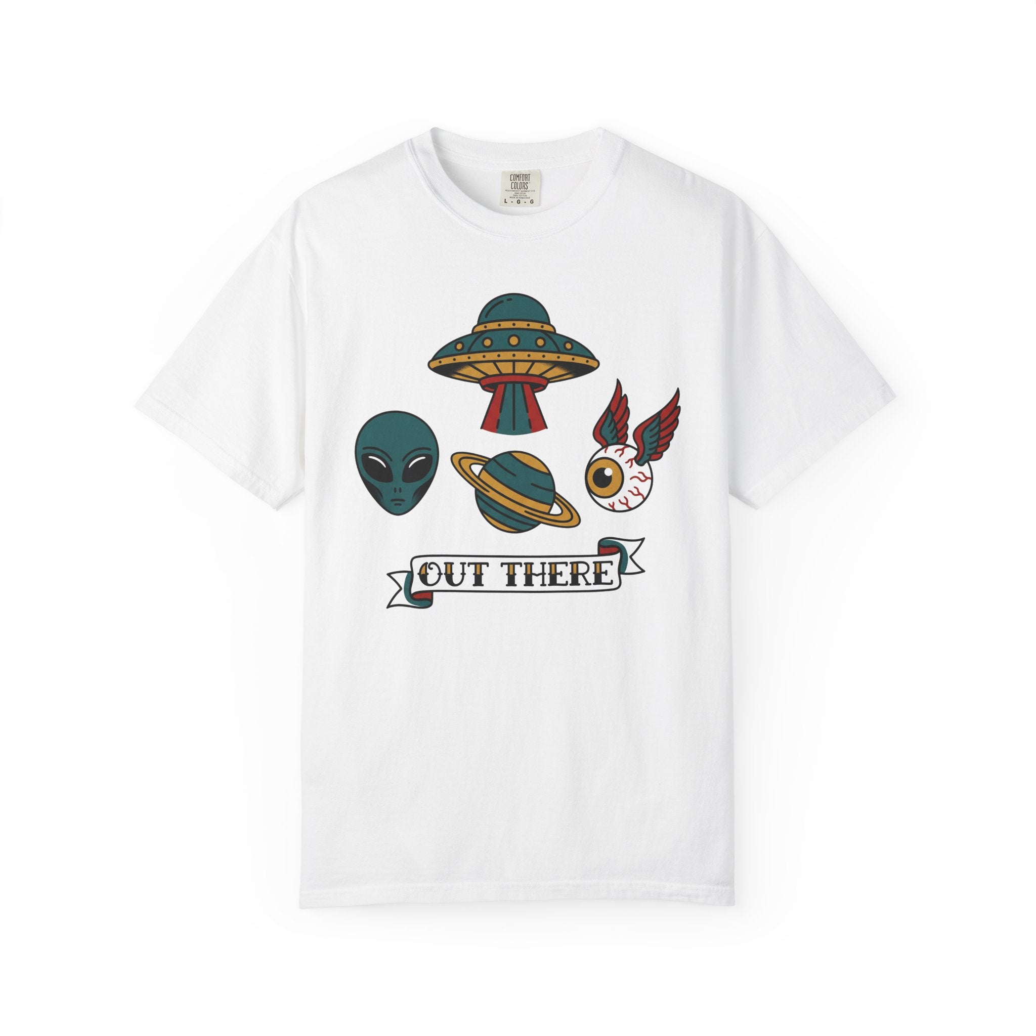 White graphic T-shirt with alien, UFO, and "OUT THERE" patch-style print