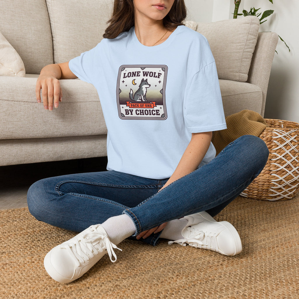 Funny Wolf T-Shirt | Lone Wolf By Choice Pack of One Moon Badge Graphic Tee | Wolf Lover Gift