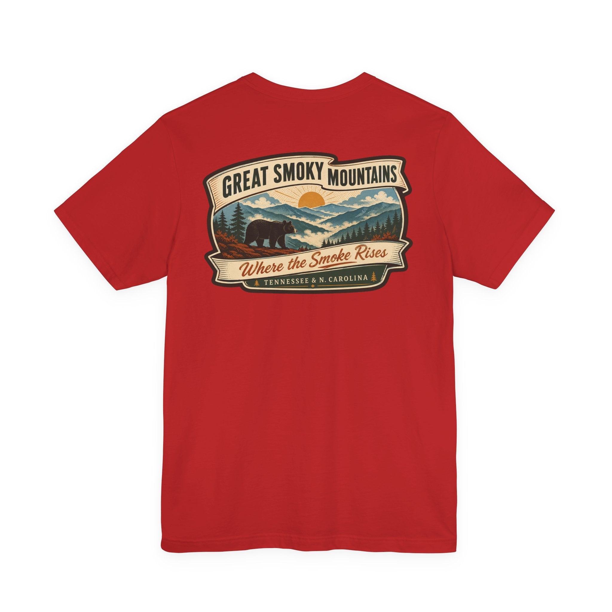 Red short-sleeve t-shirt with large retro mountain graphic on chest