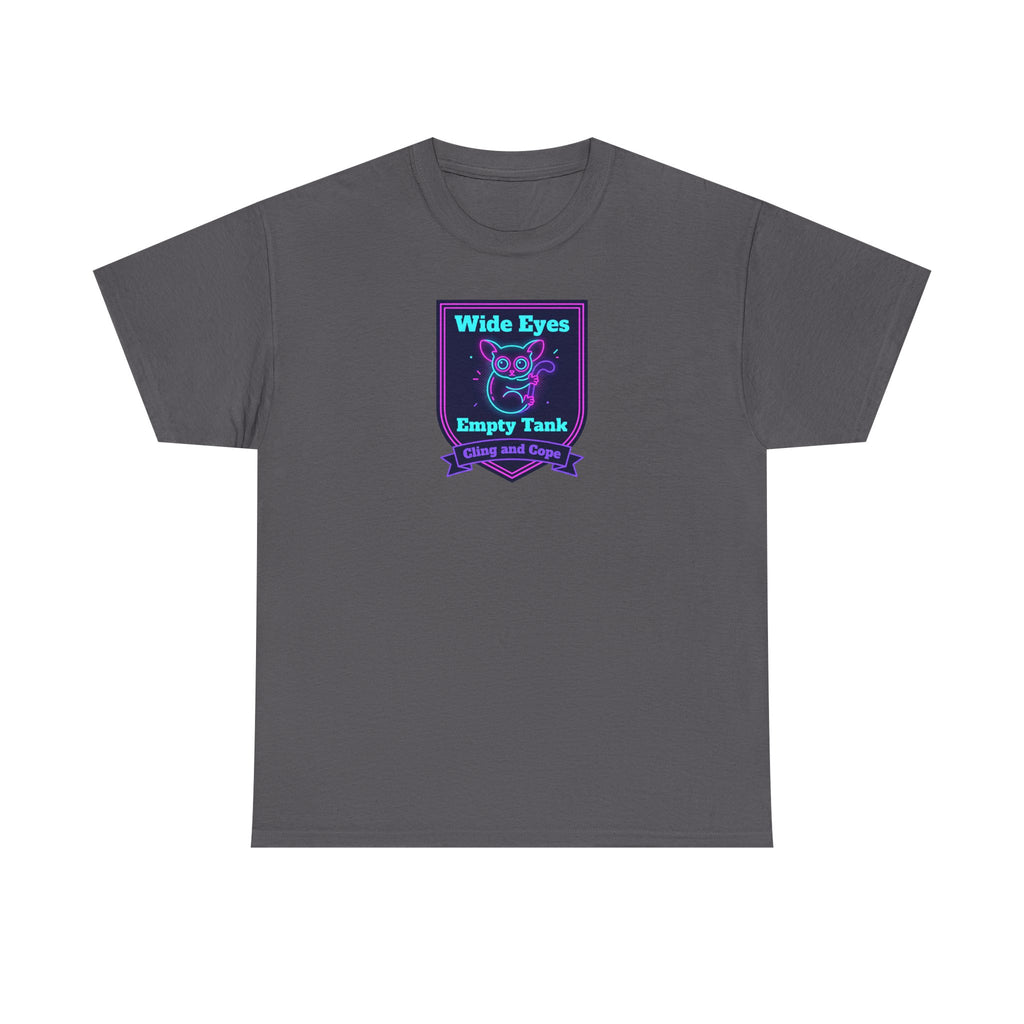 Wide Eyes Empty Tank T-shirt | Owl Illustration, Neon Purple & Teal Badge