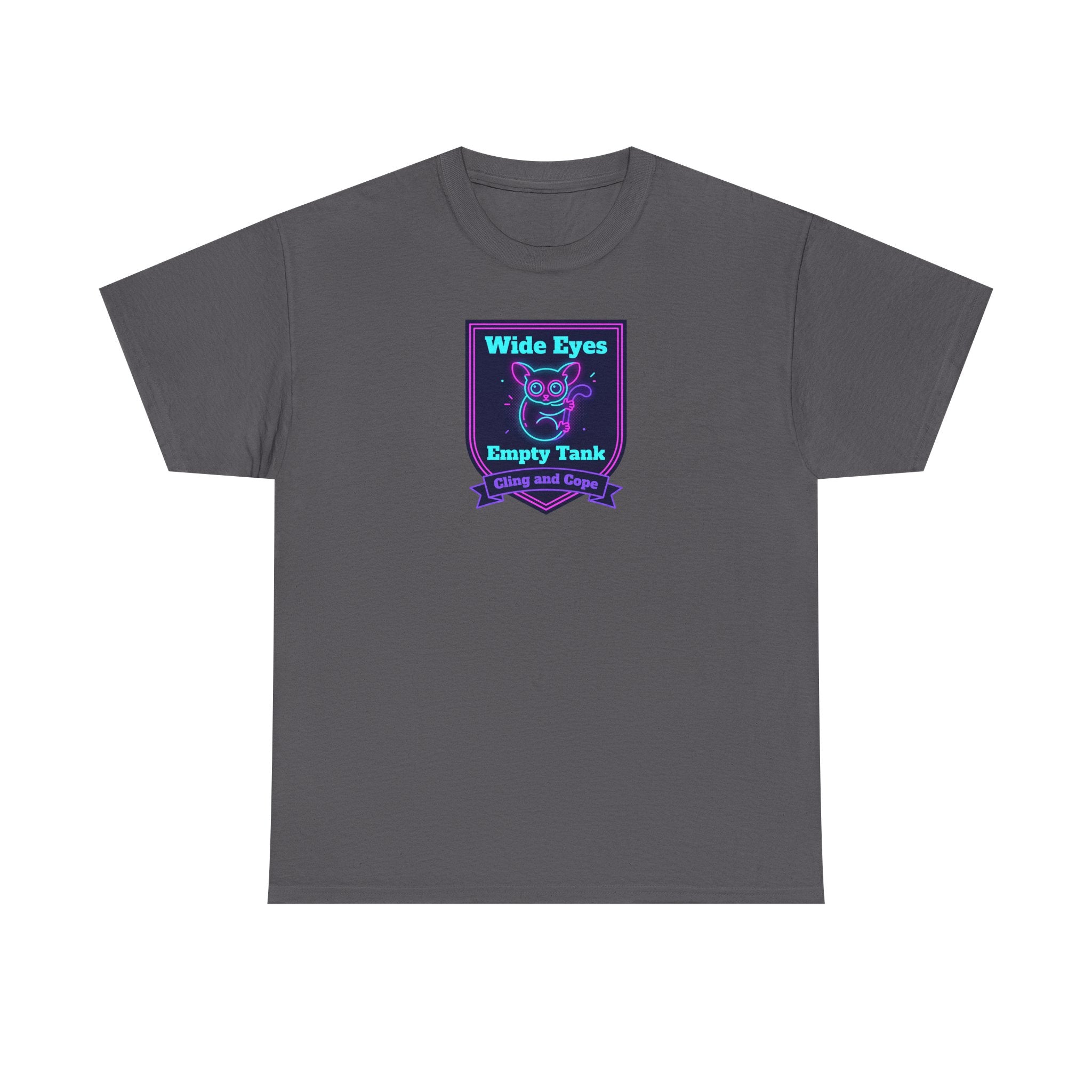 Wide Eyes Empty Tank T-shirt | Owl Illustration, Neon Purple & Teal Badge