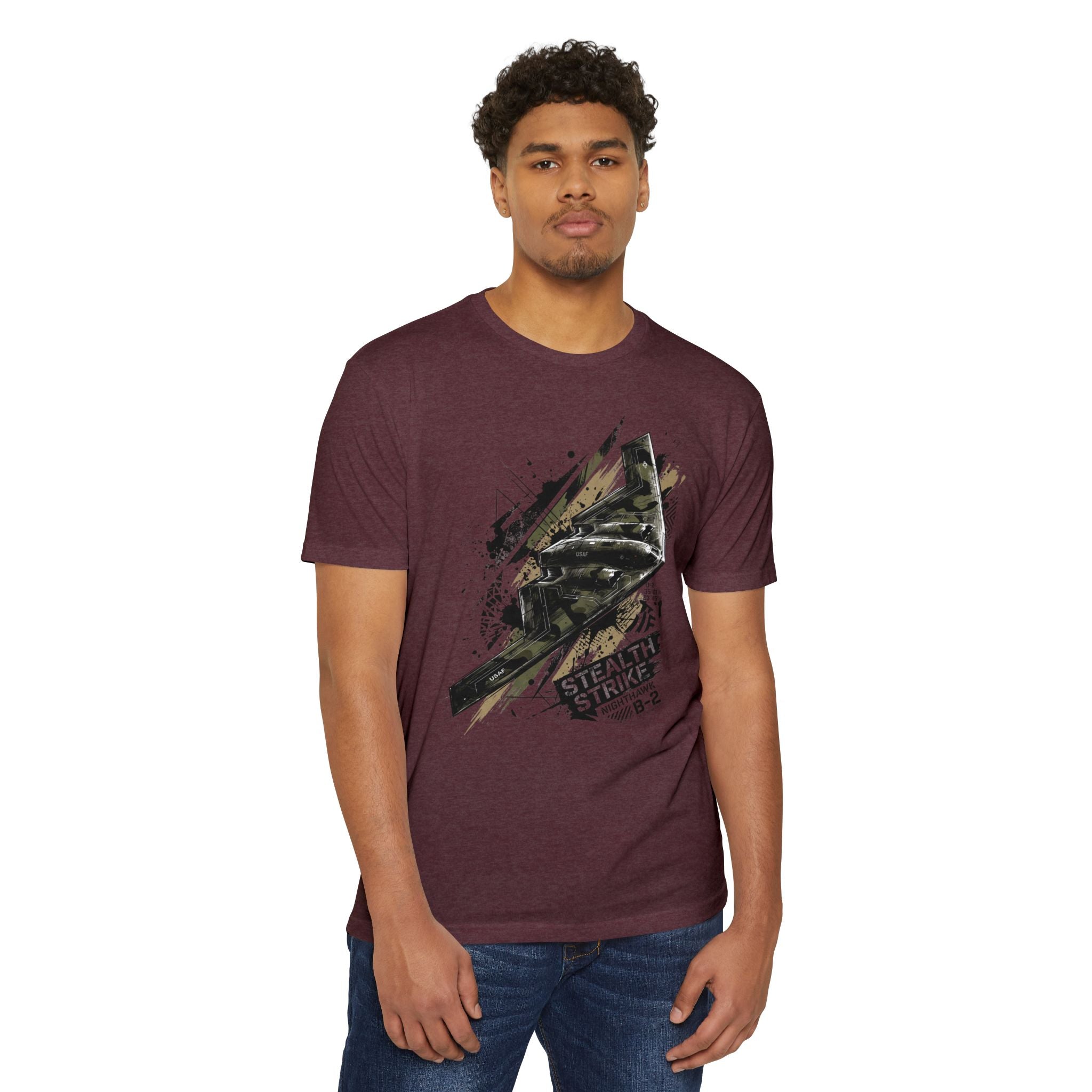 Maroon B-2 bomber graphic t-shirt with aircraft logo on front