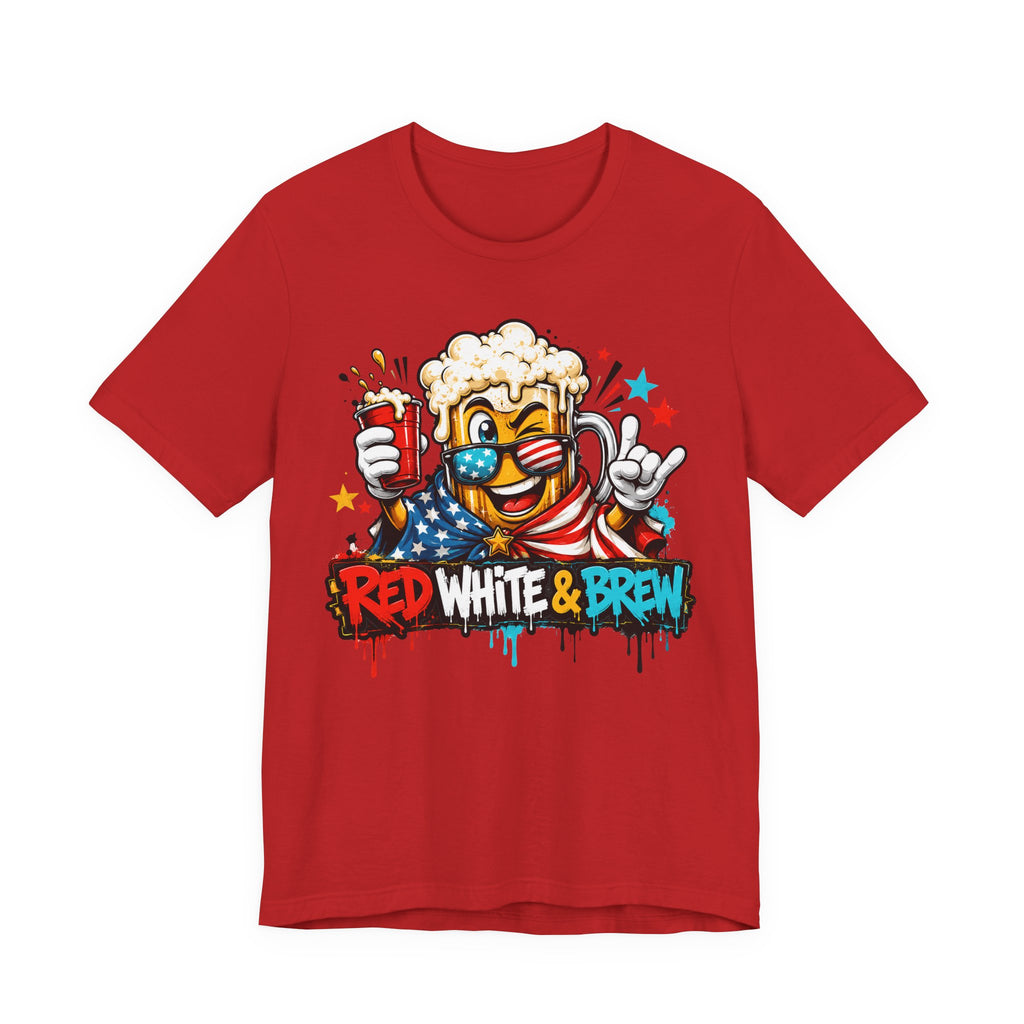 Red White & Brew 4th of July T-Shirt | Patriotic Beer Mascot American Flag Graphic Tee