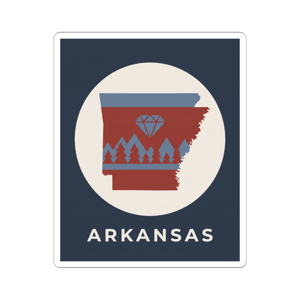 Circular Arkansas emblem kiss-cut sticker with diamond icon, pine trees, and ARKANSAS lettering