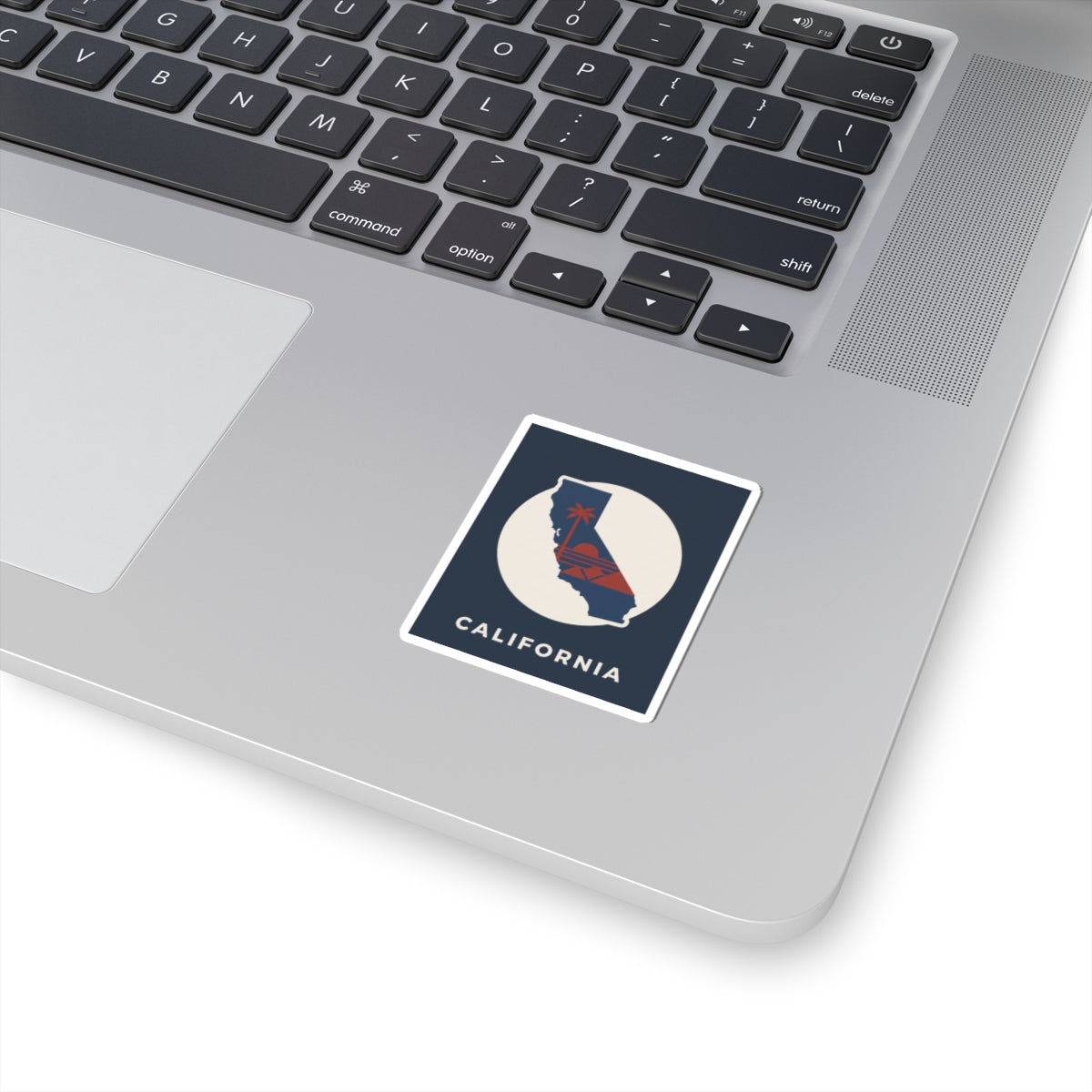 Square kiss-cut sticker with California silhouette and retro sunset graphic