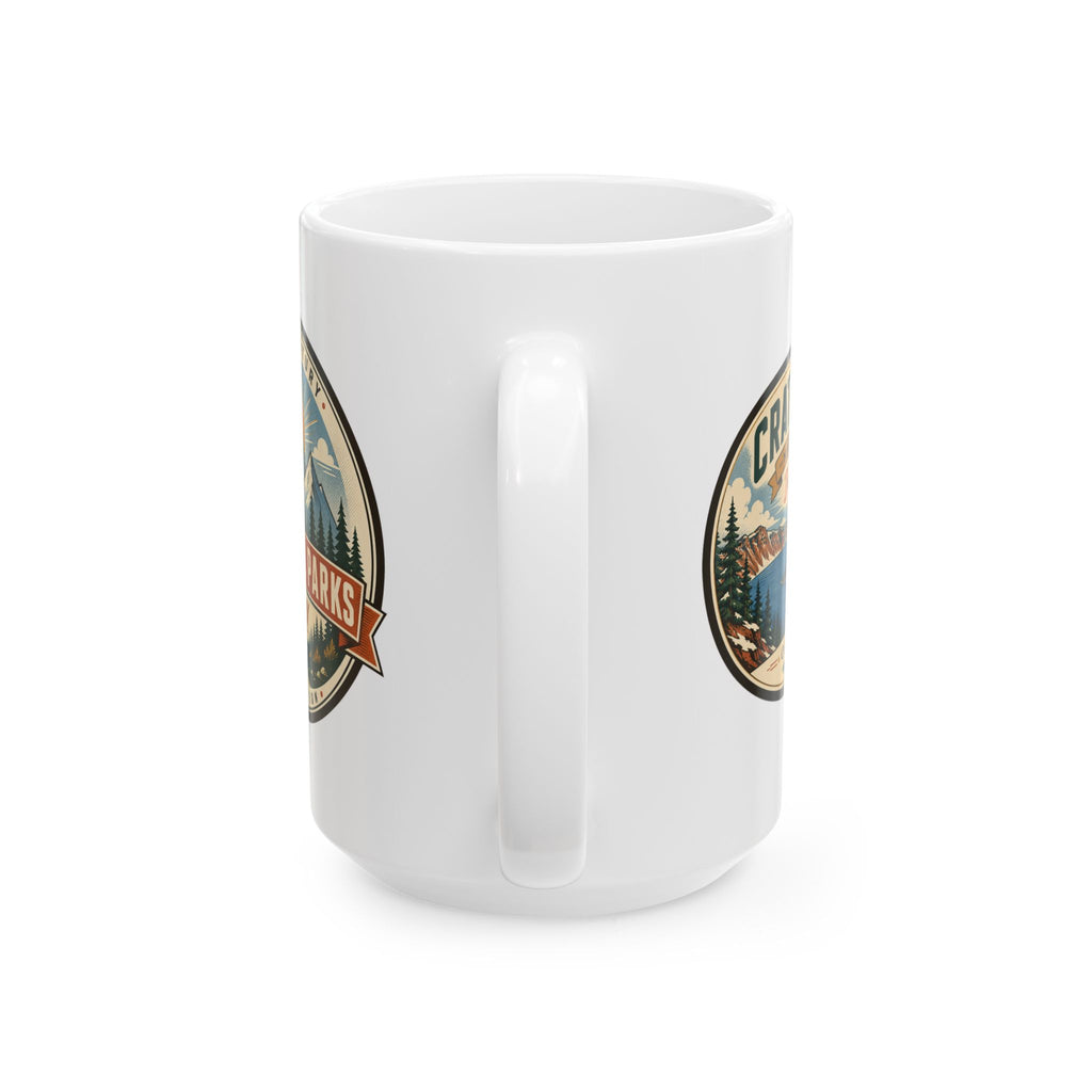 White ceramic mug with partial Mid-Century National Parks by JRV logo on back