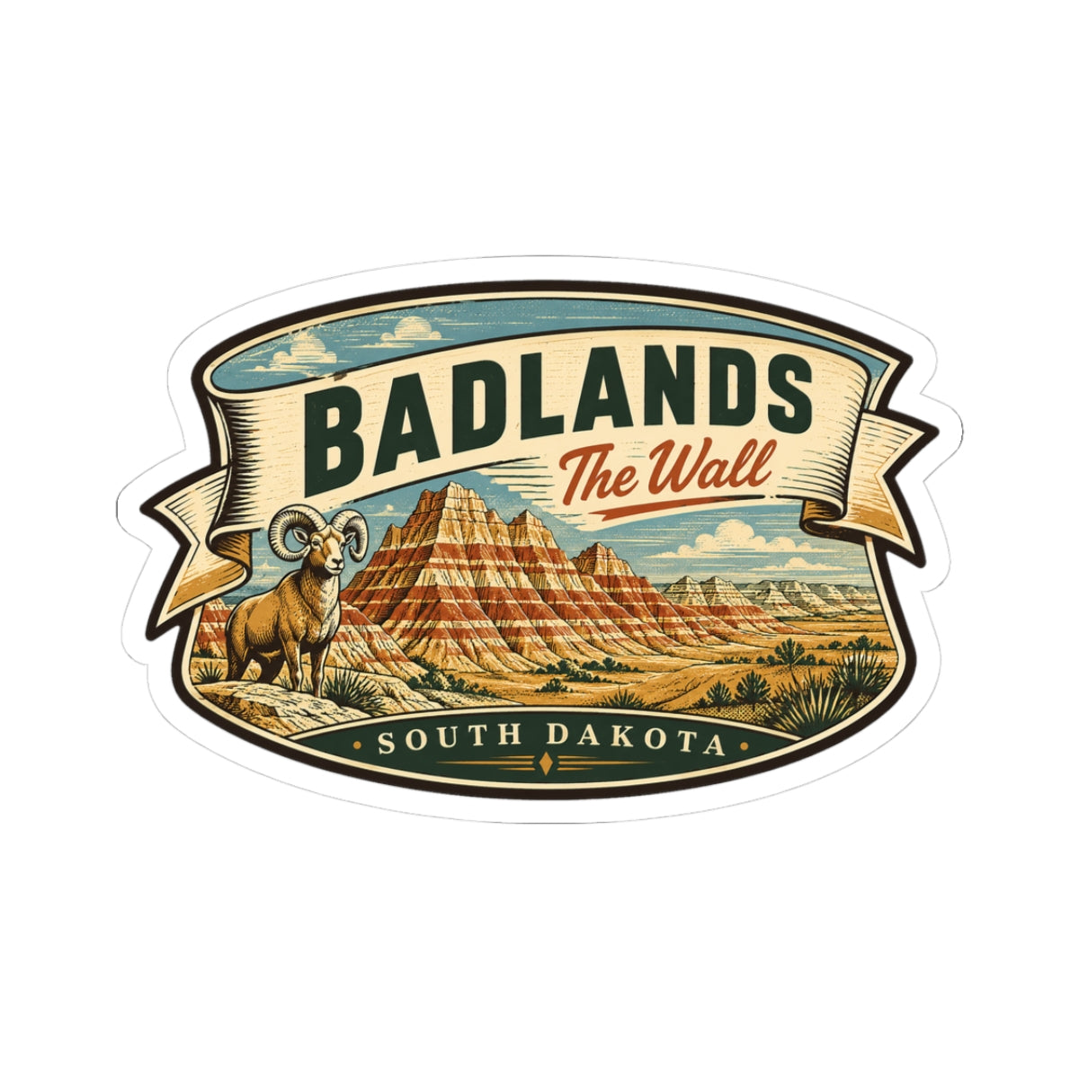 Badlands wall sticker with South Dakota landscape and ram, kiss-cut white outline