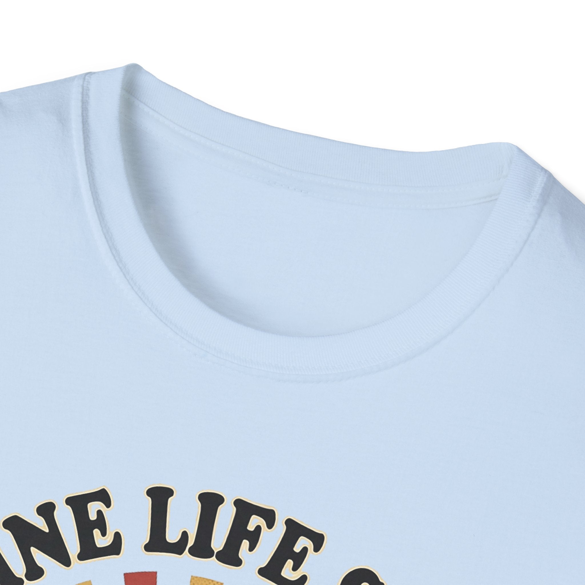 Light blue T-shirt, crew neck, partial 'NE LIFE' cartoon coffee design