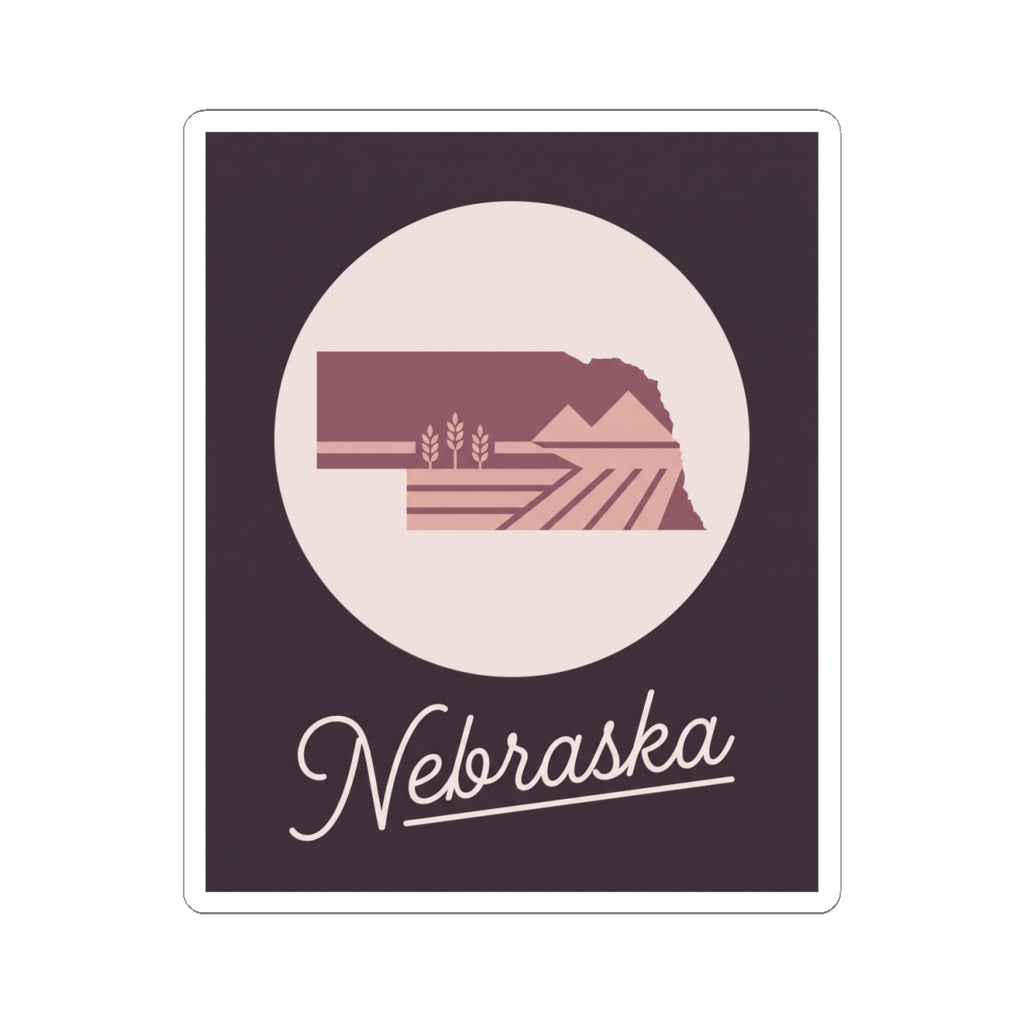 Kiss-cut square Nebraska decal featuring a circular farmland icon and cursive Nebraska text