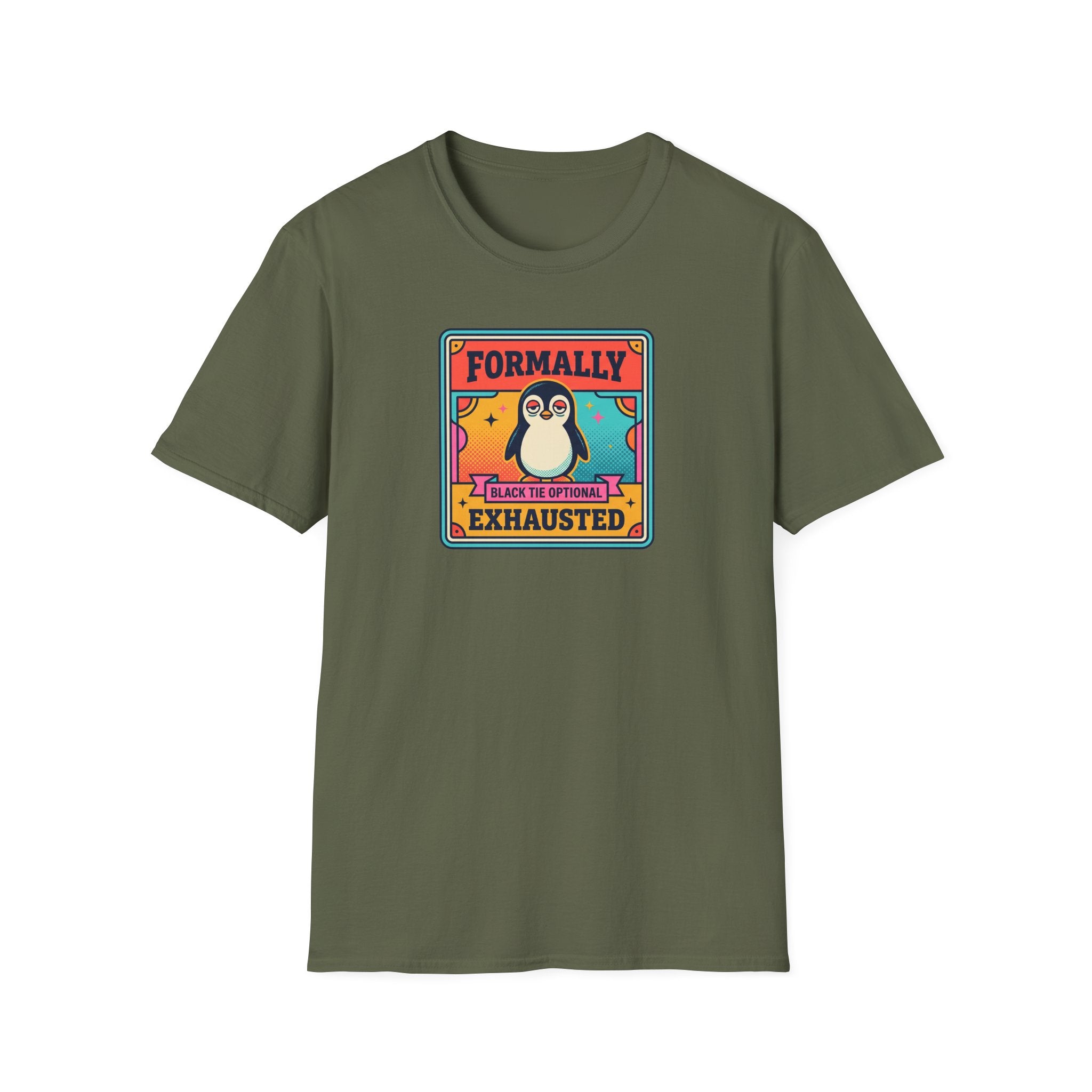 Funny Penguin T-Shirt | Formally Exhausted Black Tie Optional Retro Graphic Tee | Penguin Gift