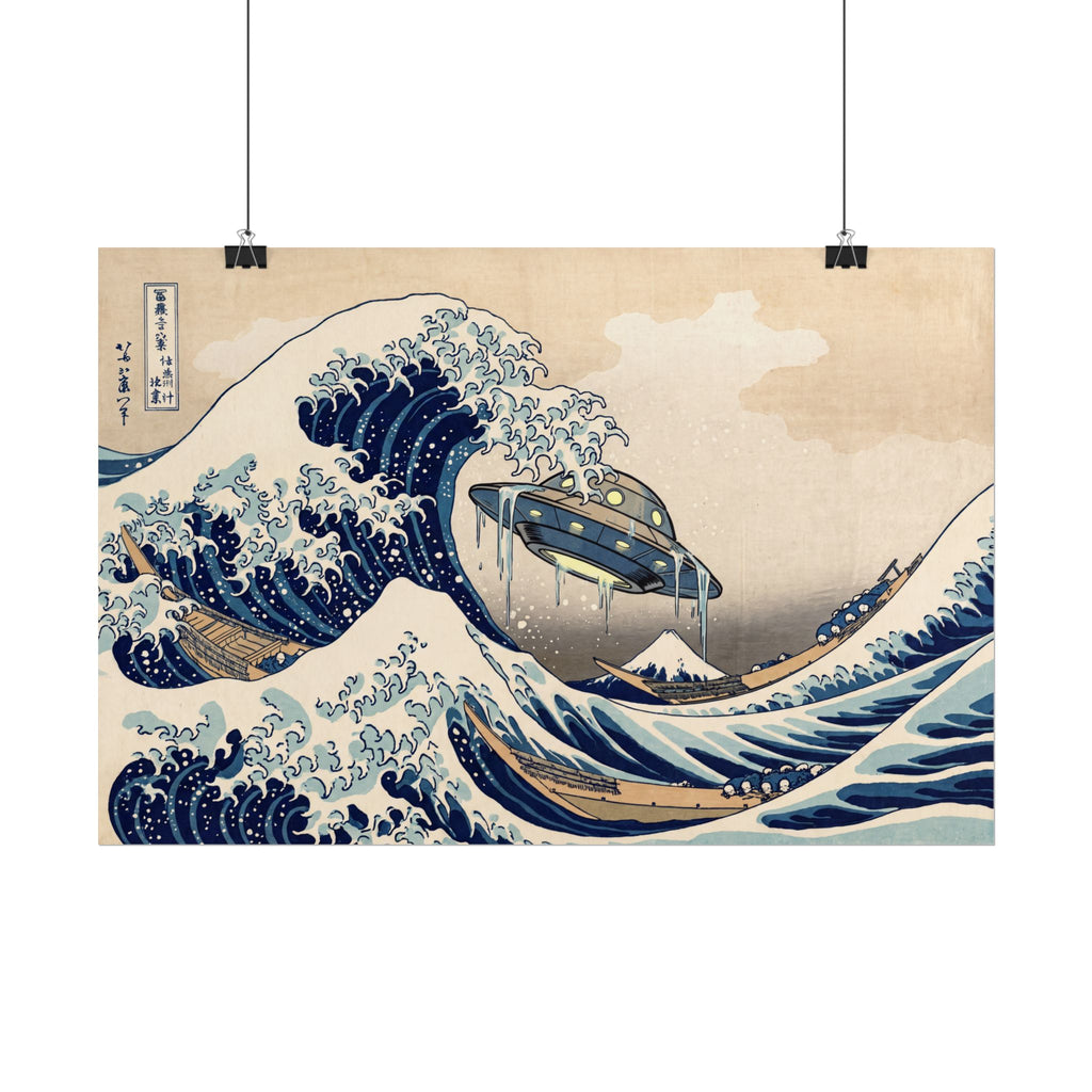 Rolled vintage wave art poster with UFO craft in blue ocean waves