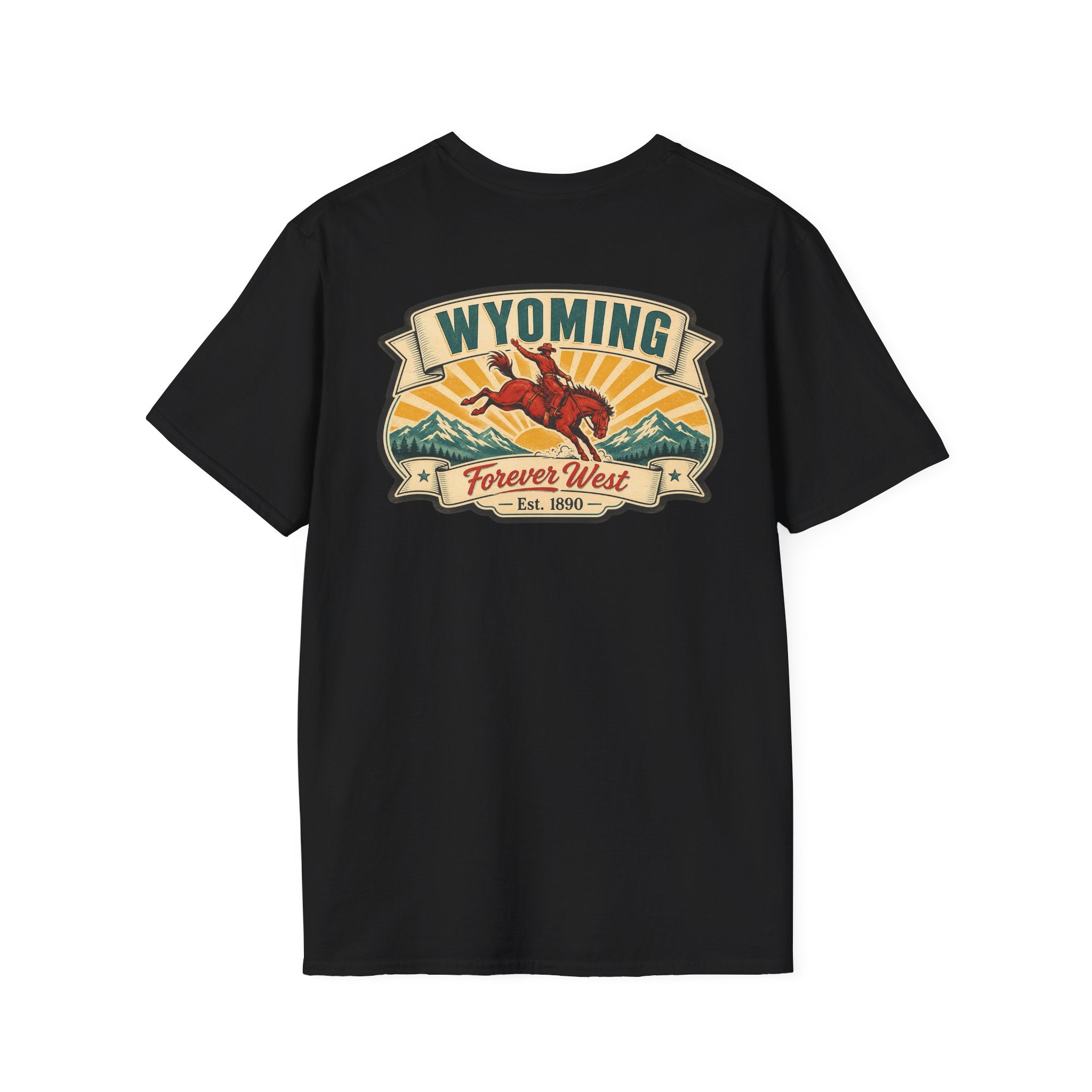 Black Wyoming graphic T-shirt with cowboy hat banner and landscape logo at chest