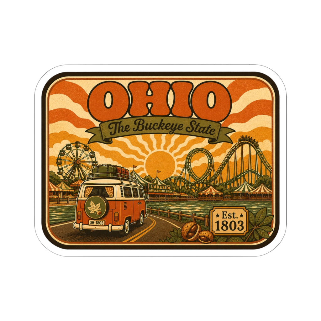 Die-cut Ohio sticker showing orange camper, Ferris wheel, roller coaster, Est. 1803