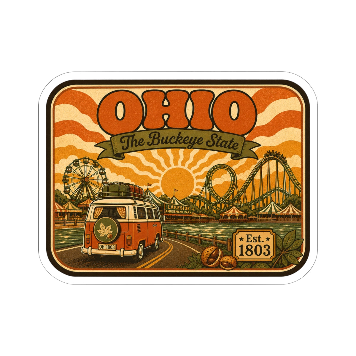 Die-cut Ohio sticker showing orange camper, Ferris wheel, roller coaster, Est. 1803