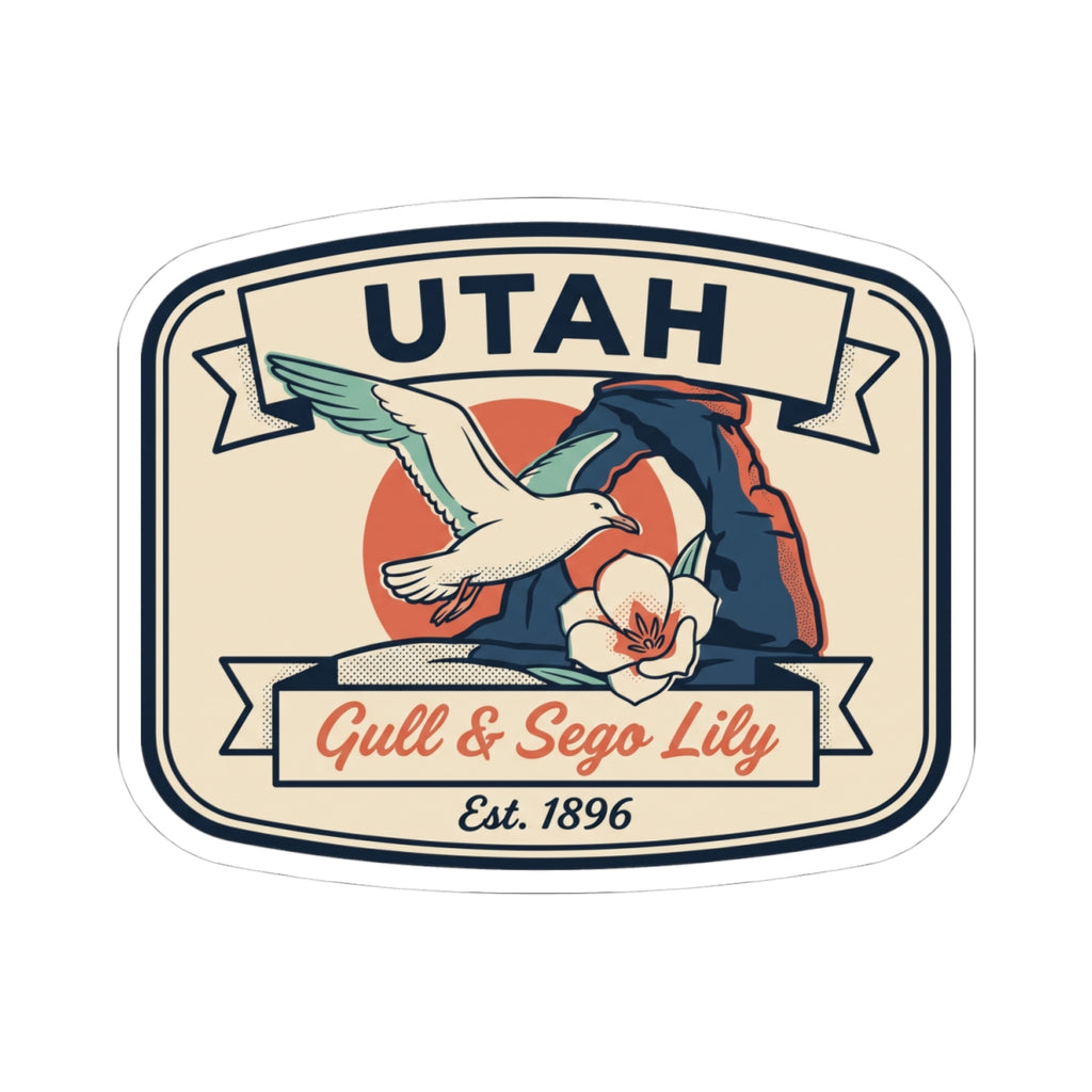 Utah badge decal featuring a bird, sego lily flower, and “Est. 1896”