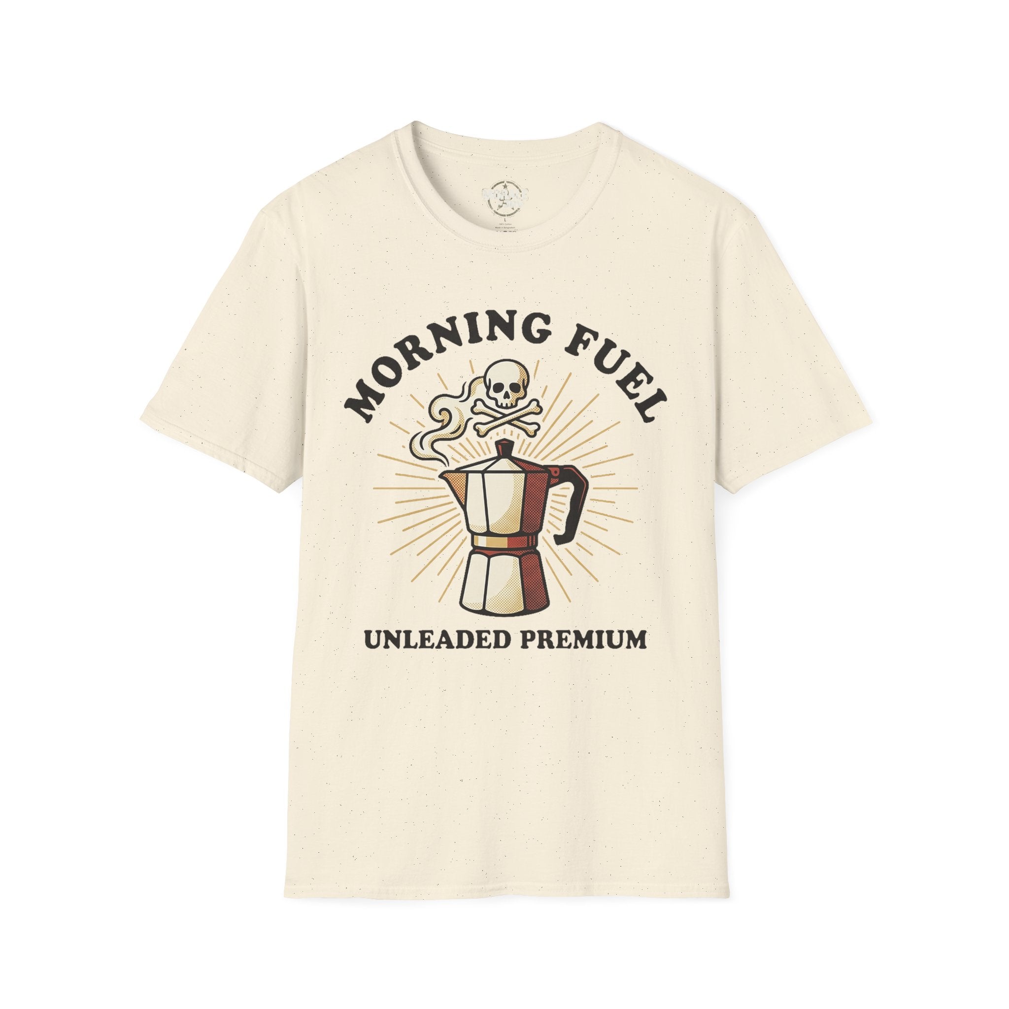 Morning Fuel T-shirt—natural/cream with skull moka pot graphic and “UNLEADED PREMIUM”