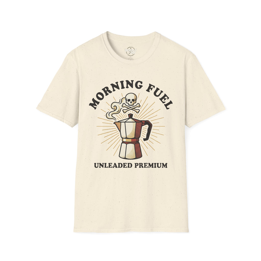 Natural unisex tee: “Morning Fuel” skull moka pot graphic, “Unleaded Premium”