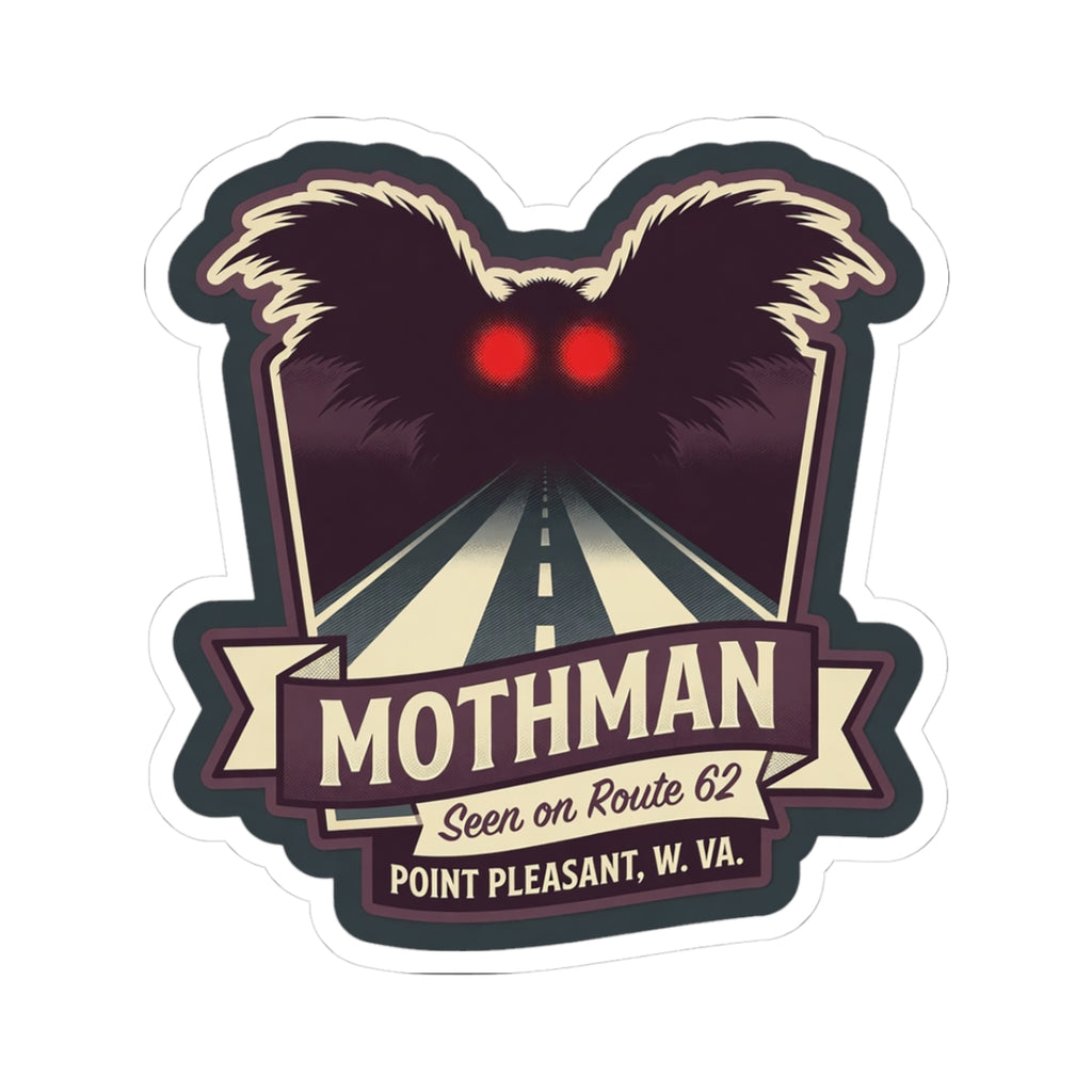 Kiss-cut sticker with dark Mothman wings and red eyes above a Route 62 road scene