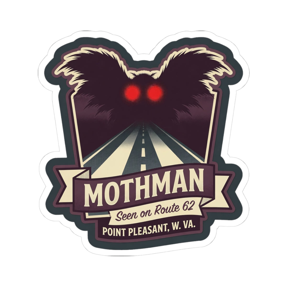Kiss-cut sticker with dark Mothman wings and red eyes above a Route 62 road scene