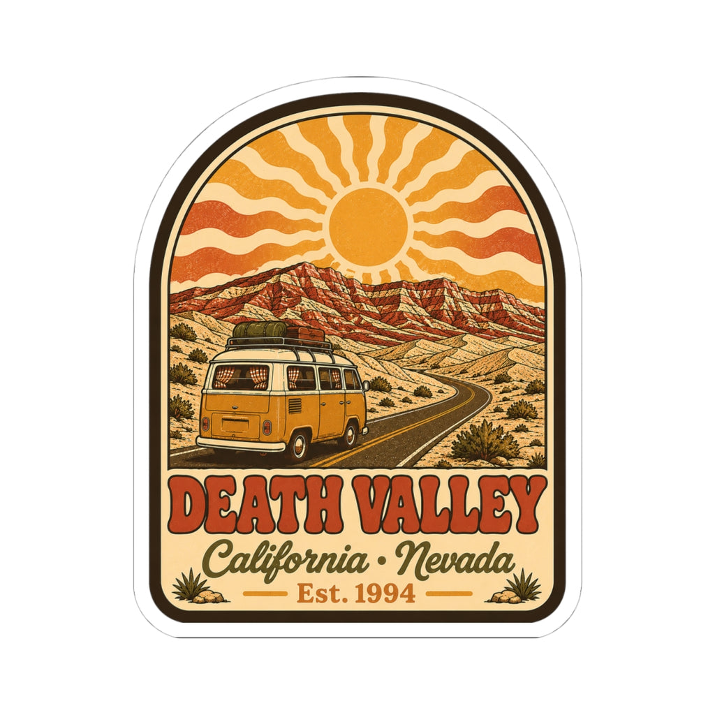 Kiss-cut sticker showing desert road landscape, yellow van, and “Death Valley” lettering