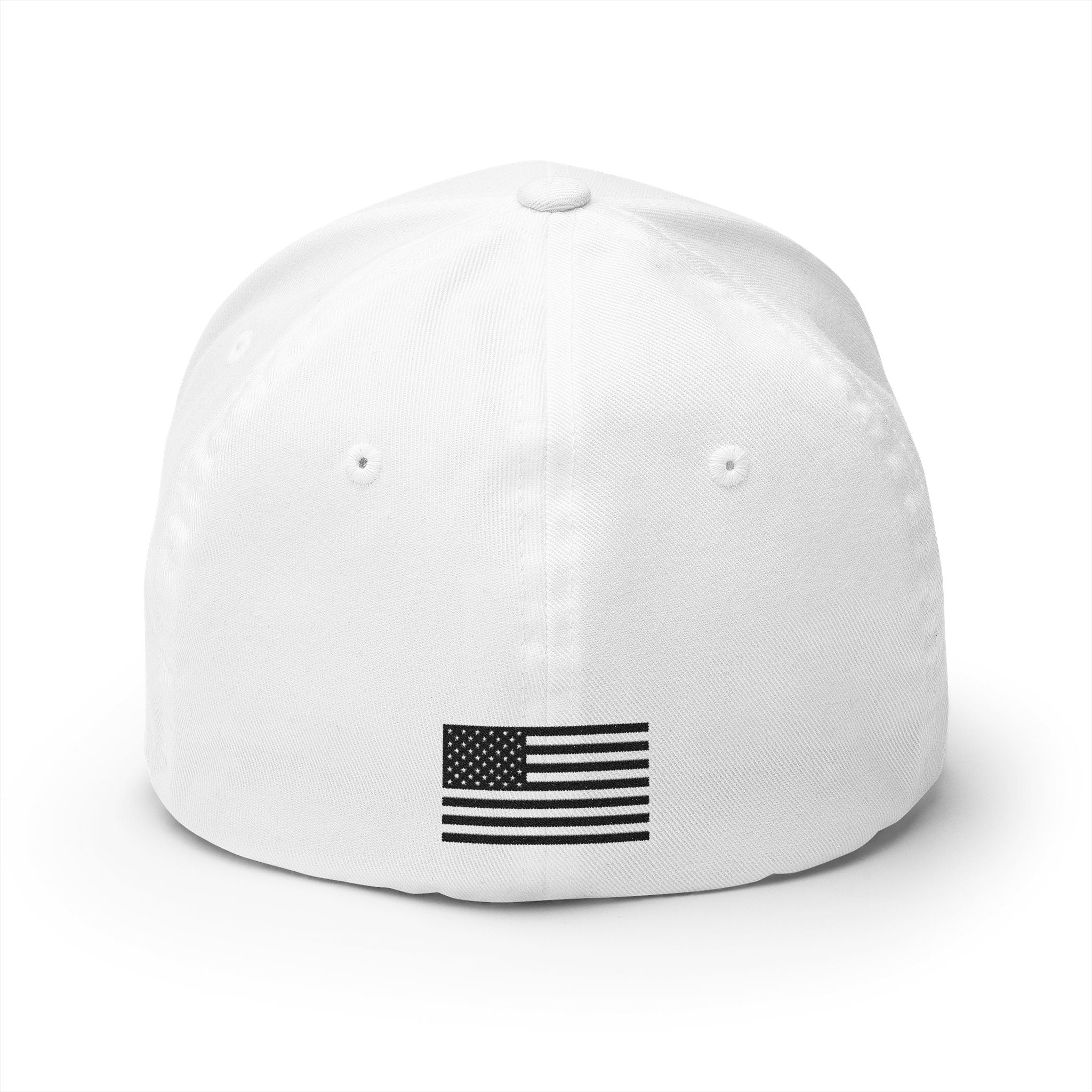White embroidered baseball cap with American flag patch on front