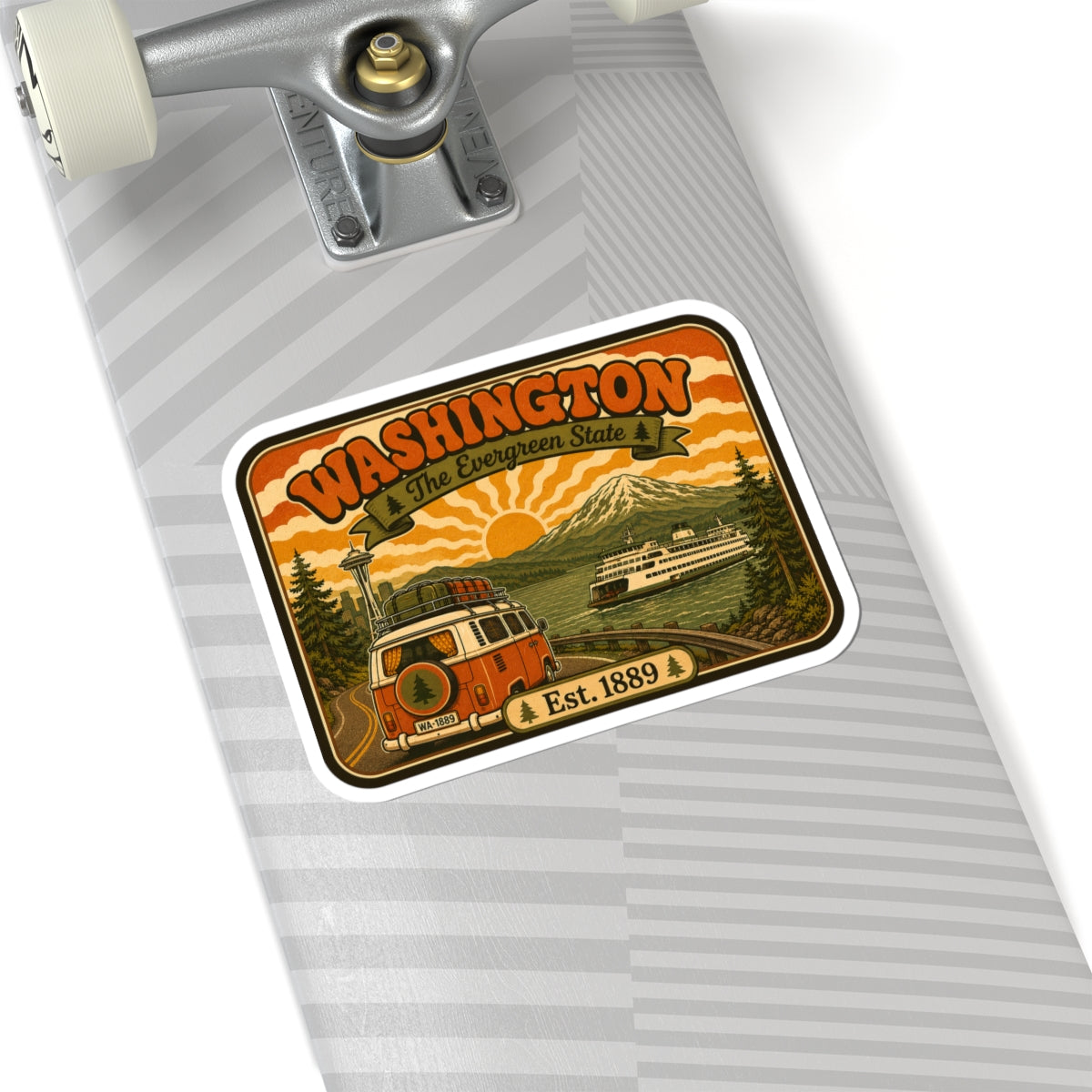 Kiss-cut Washington vintage sticker on striped paper, white border with bus, mountains, Est. 1889