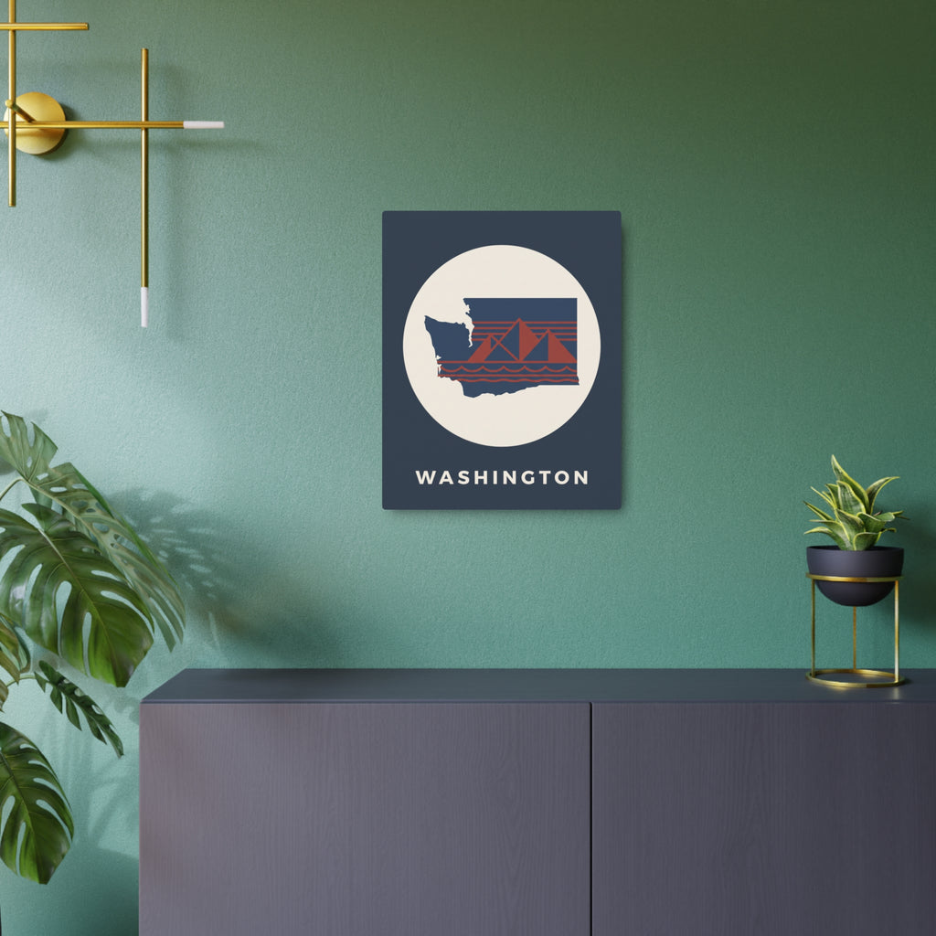 Nautical metal wall decor sign, square with circular sailboat scene and 'WASHINGTON' label