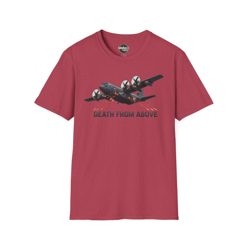 Death From Above T-Shirt in burgundy with military plane graphic and orange flame text