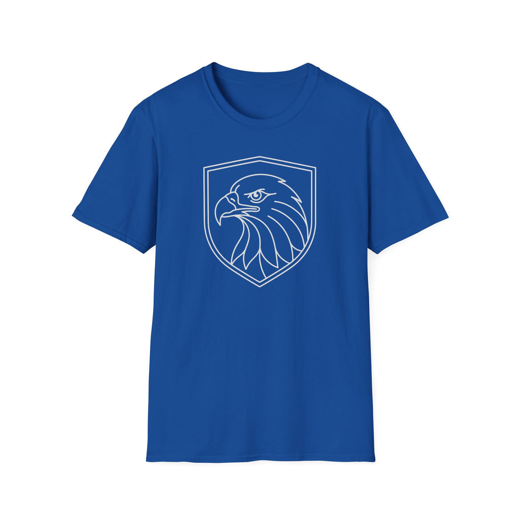 Royal blue T-shirt with outlined shield eagle head graphic on the front.