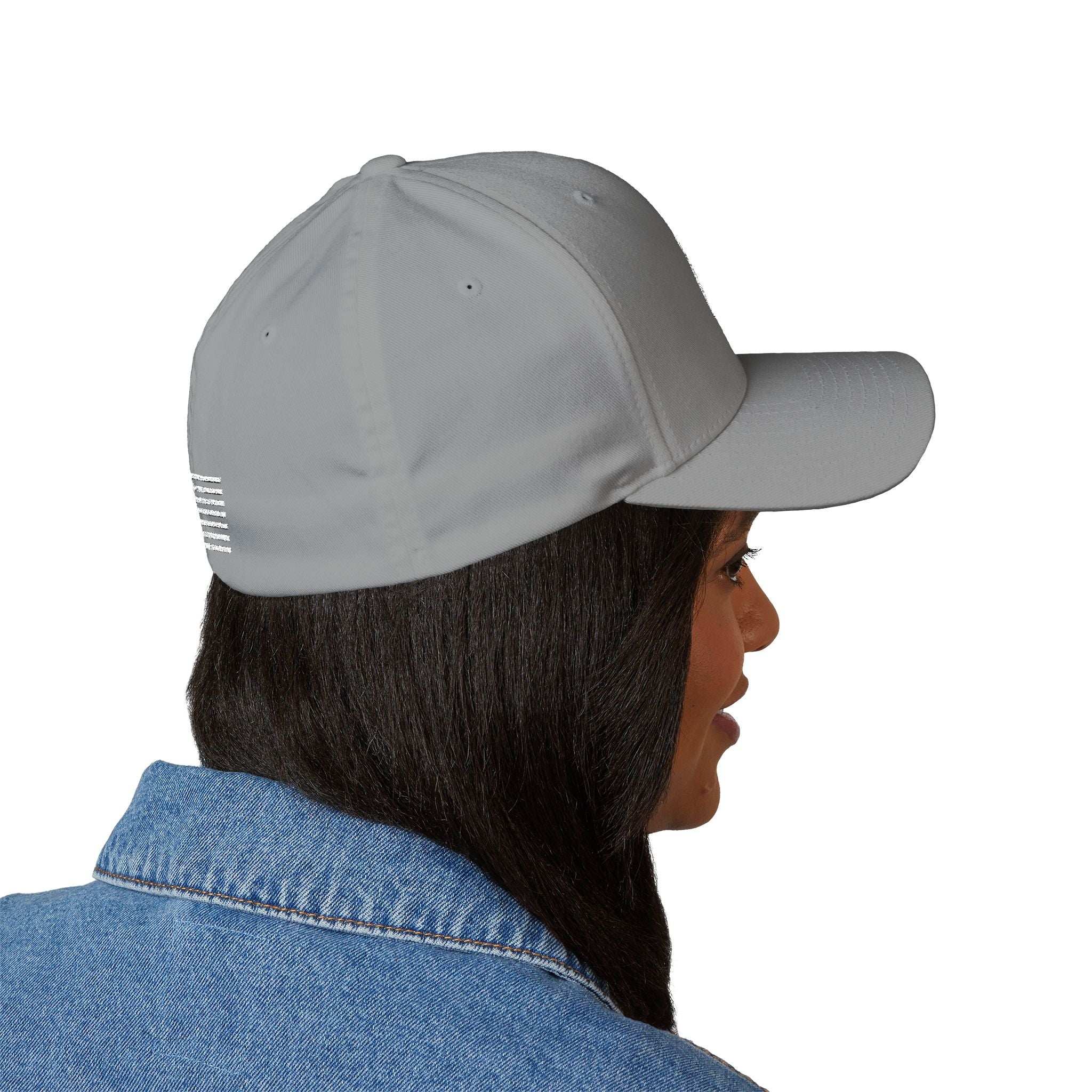 Light grey baseball cap showing side view with white American flag emblem