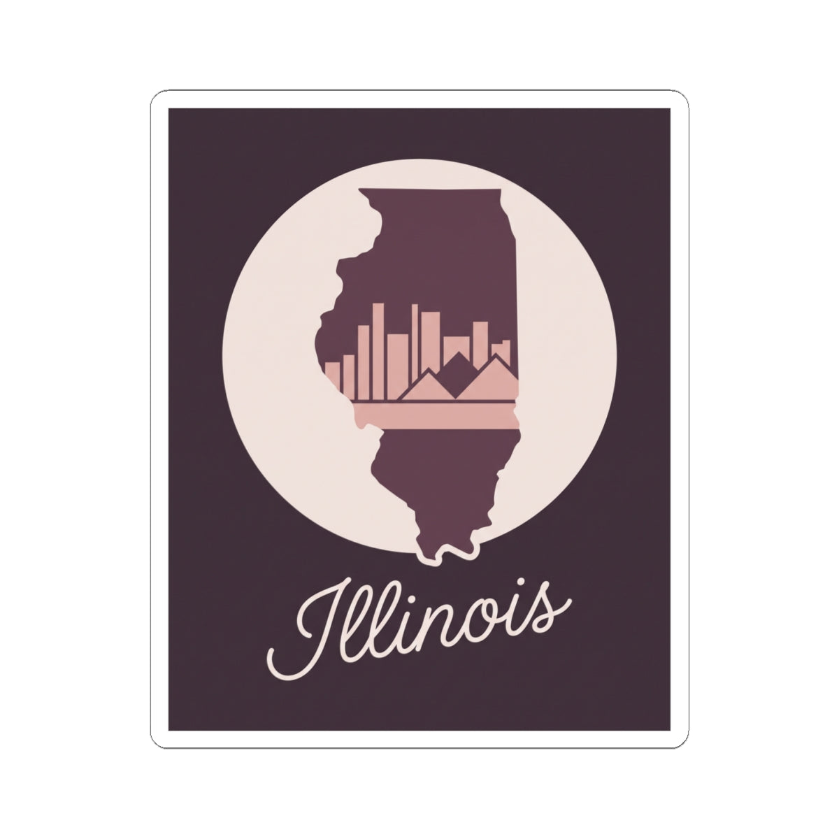 Mauve Illinois state silhouette vinyl sticker with white circle, skyline detail, “Illinois”