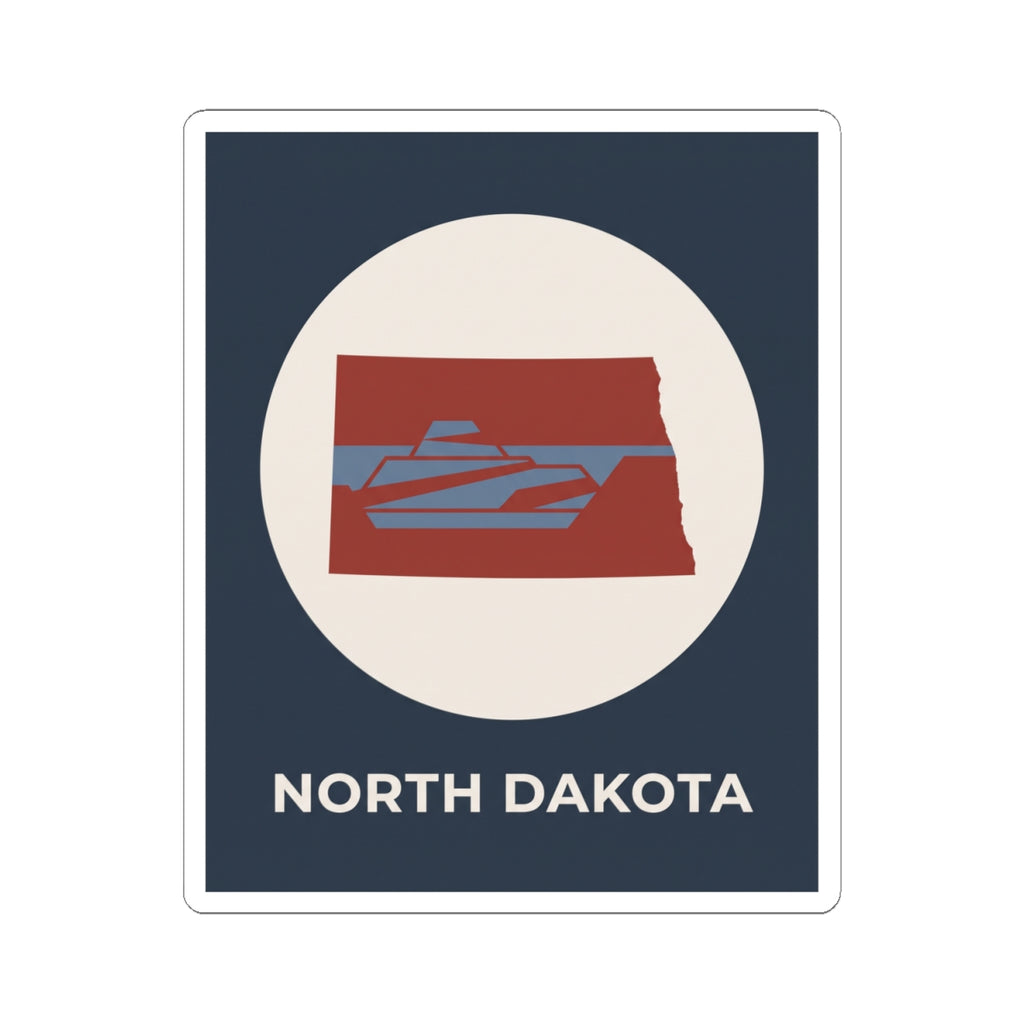 North Dakota map sticker showing red state outline and blue waterways, with NORTH DAKOTA text