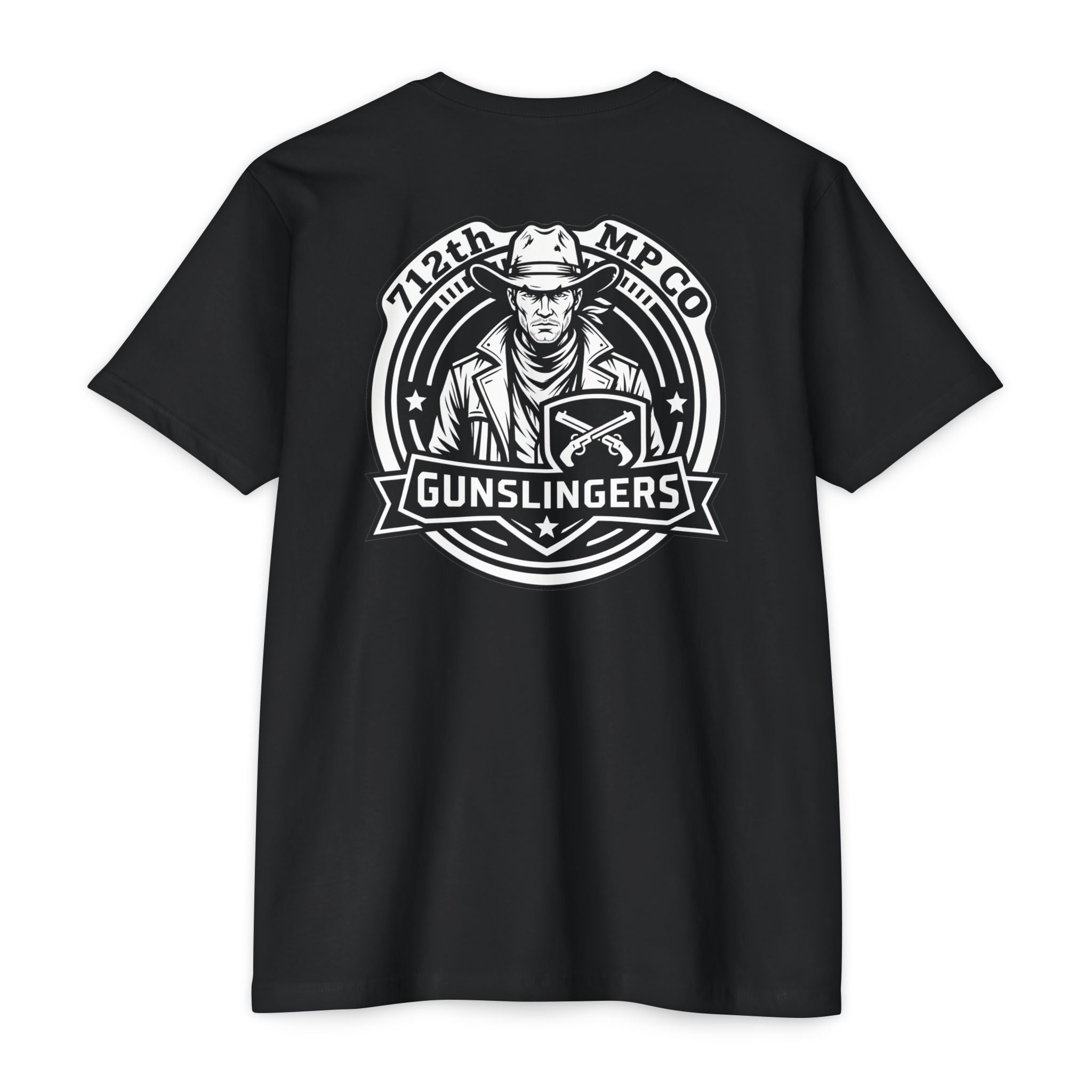 Black T-shirt with large Gunslingers emblem graphic on chest