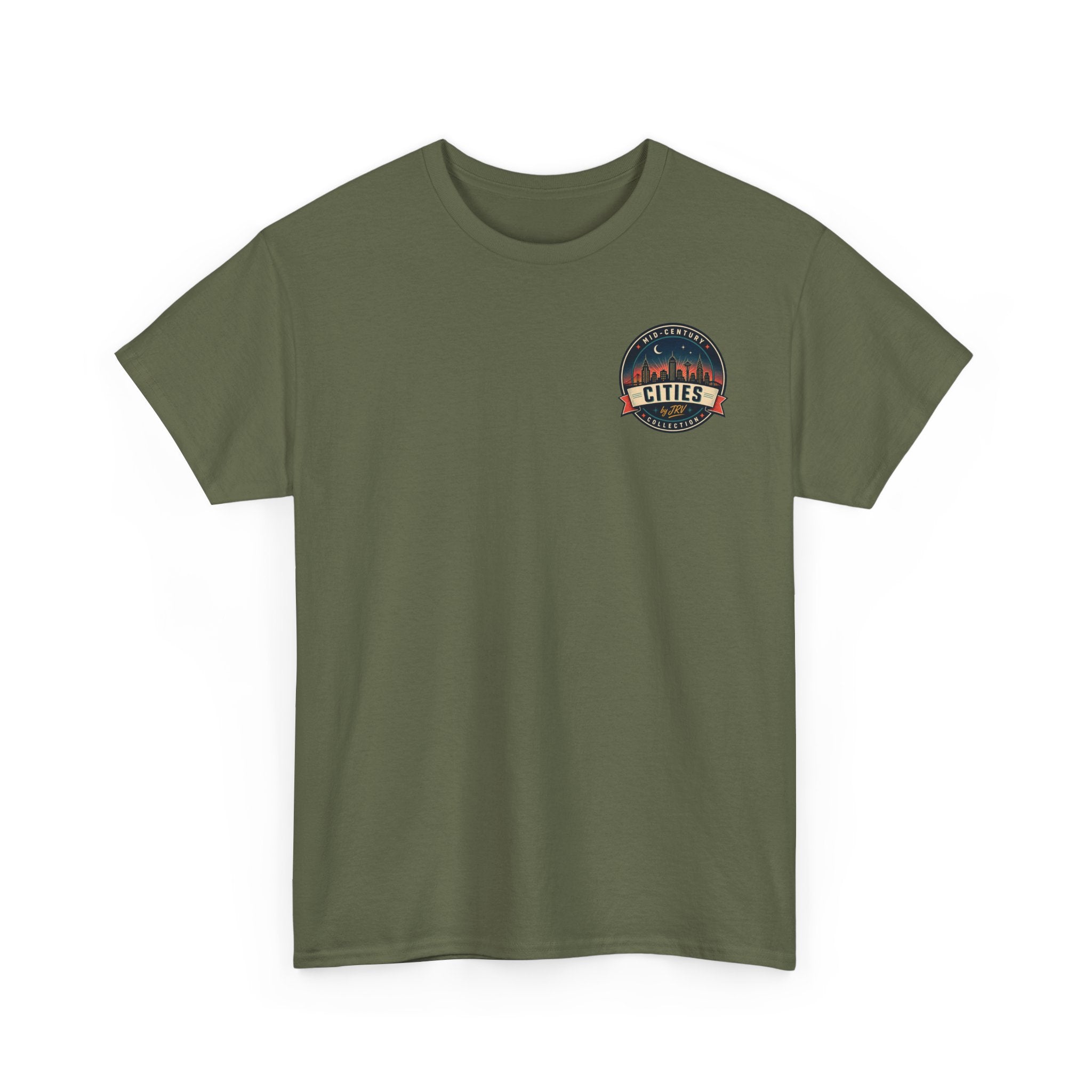 Crewneck T-shirt in military green with small round chest logo badge