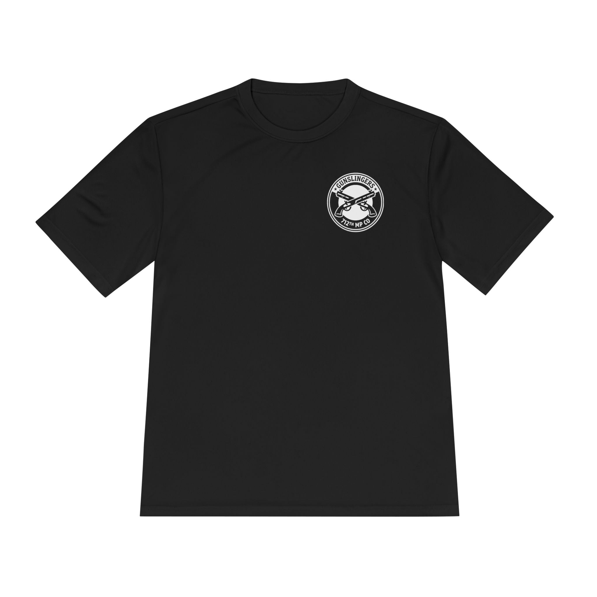 Black tactical T-shirt with crew neck and circular chest logo