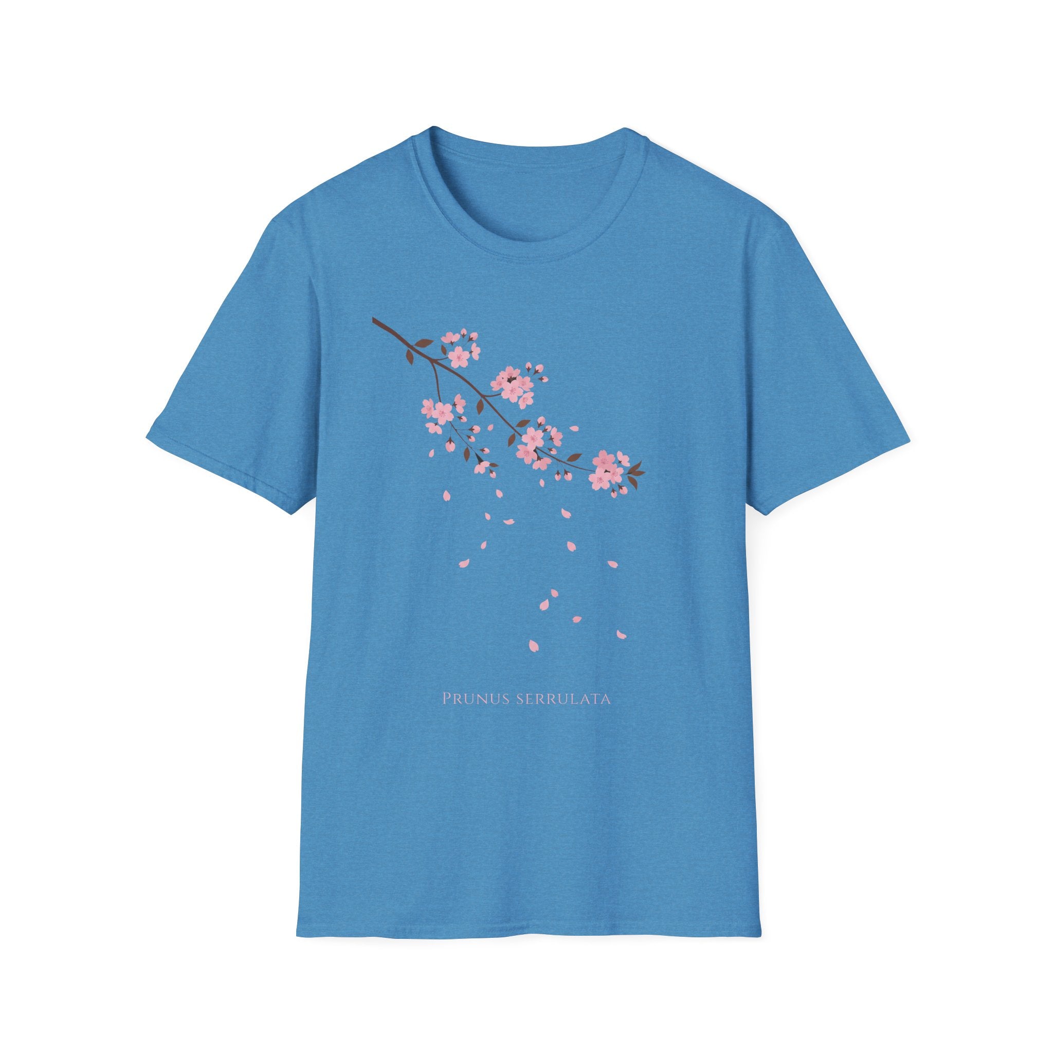 Cherry Blossom Branch T-Shirt, bright blue with pink sakura branch and falling petals print