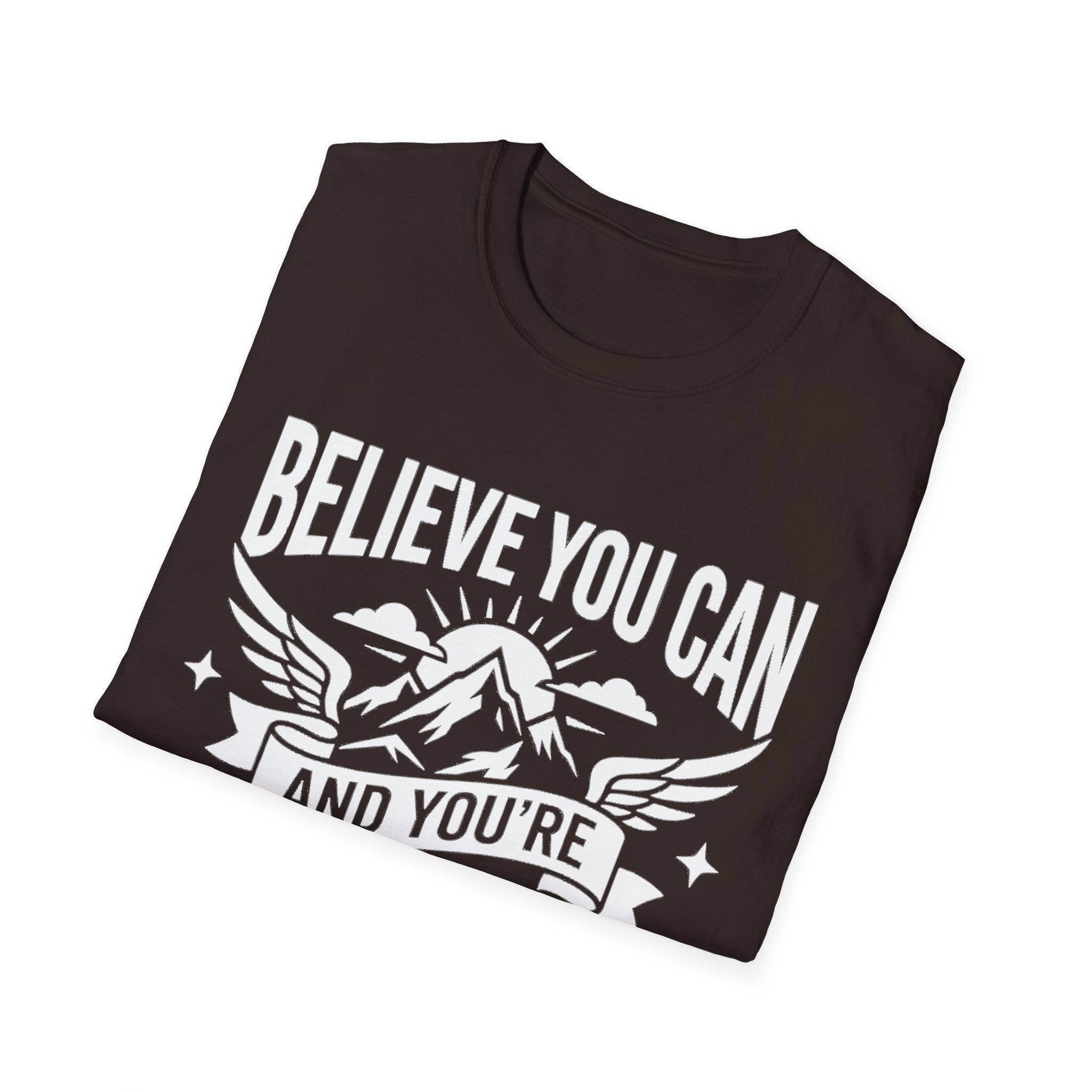 Believe You Can mountain quote graphic tee in Dark Chocolate, front text and mountain