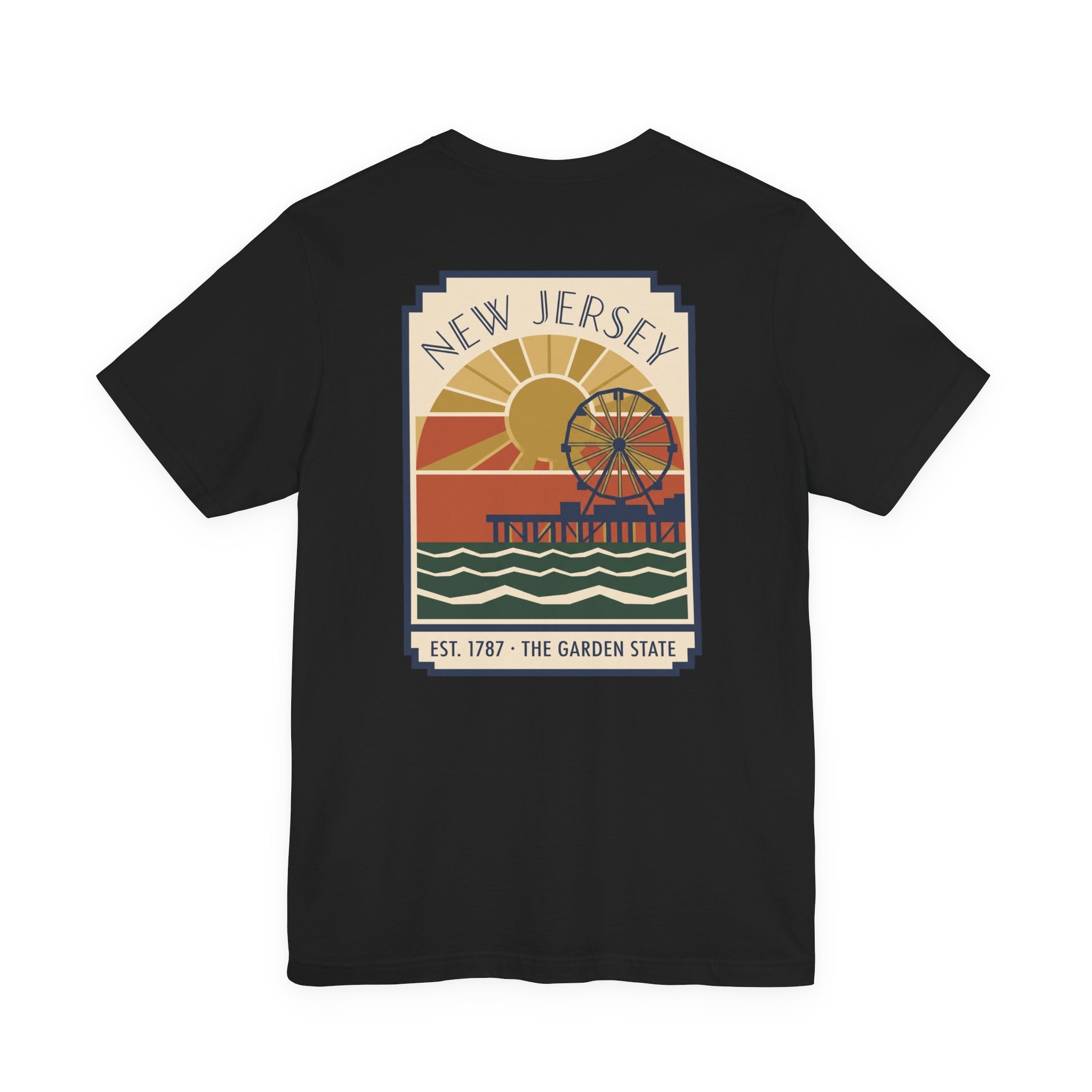 Black T-shirt with centered New Jersey Pier vintage poster graphic