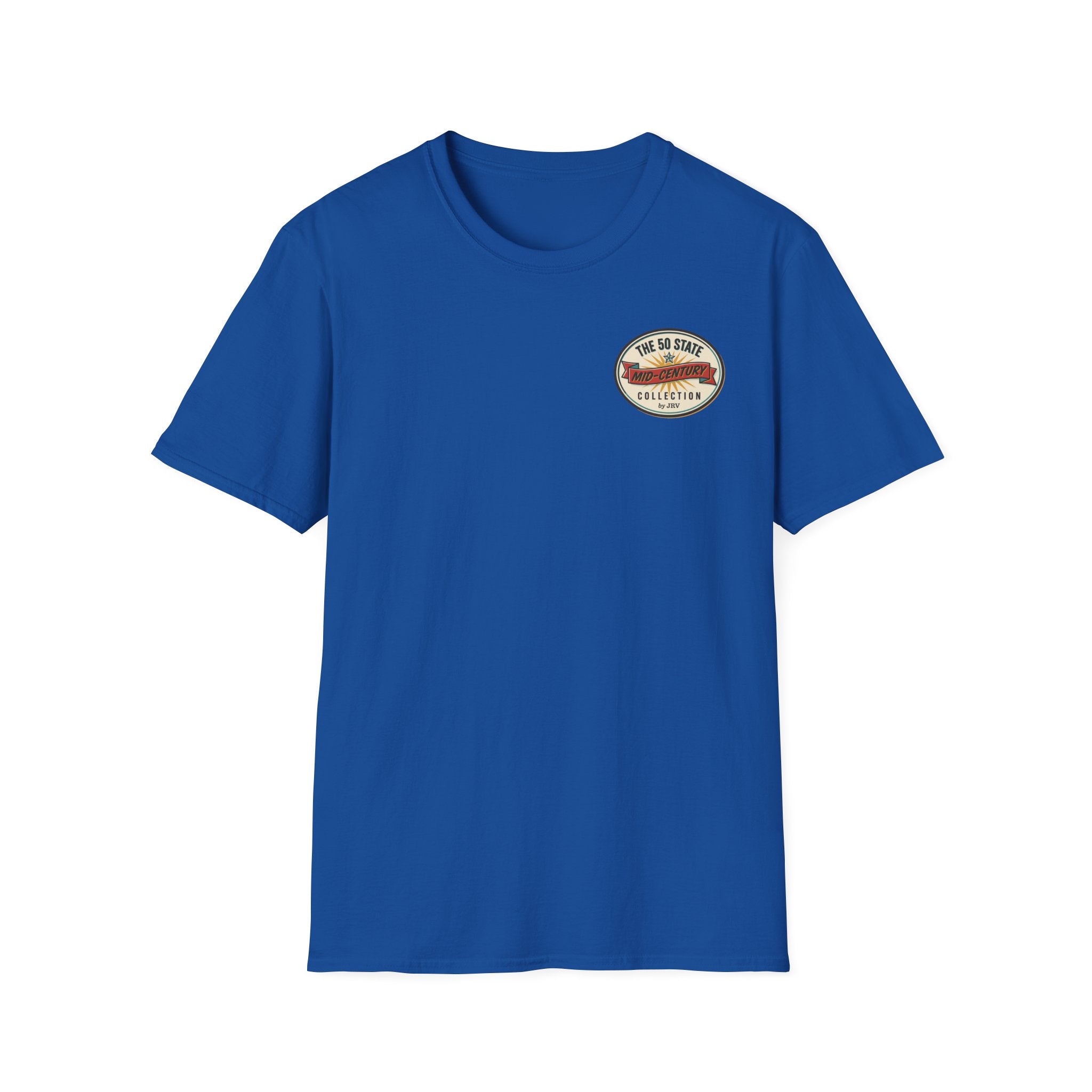 Royal blue sailboat graphic t-shirt with small circular chest logo