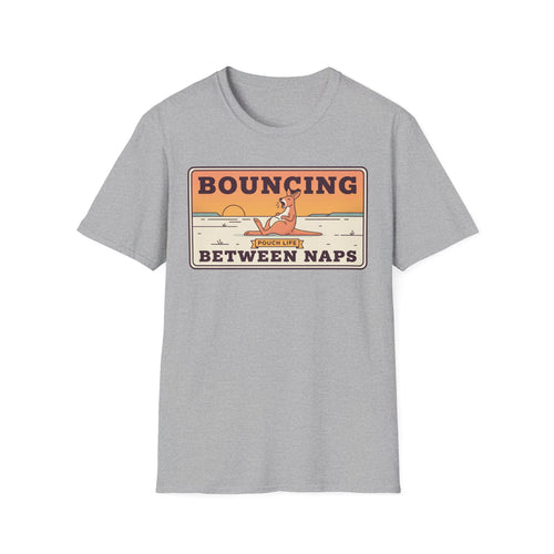 Heather gray kangaroo graphic T-shirt with 'Bouncing Between Naps' text