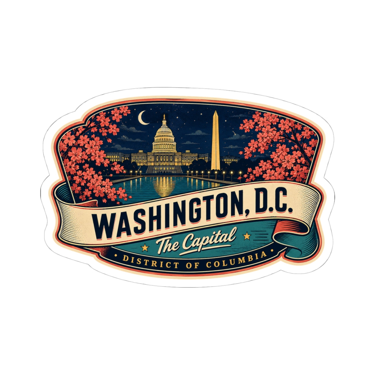 Luggage tag sticker with Washington D.C. skyline, pink blossoms border, and The Capitol lettering