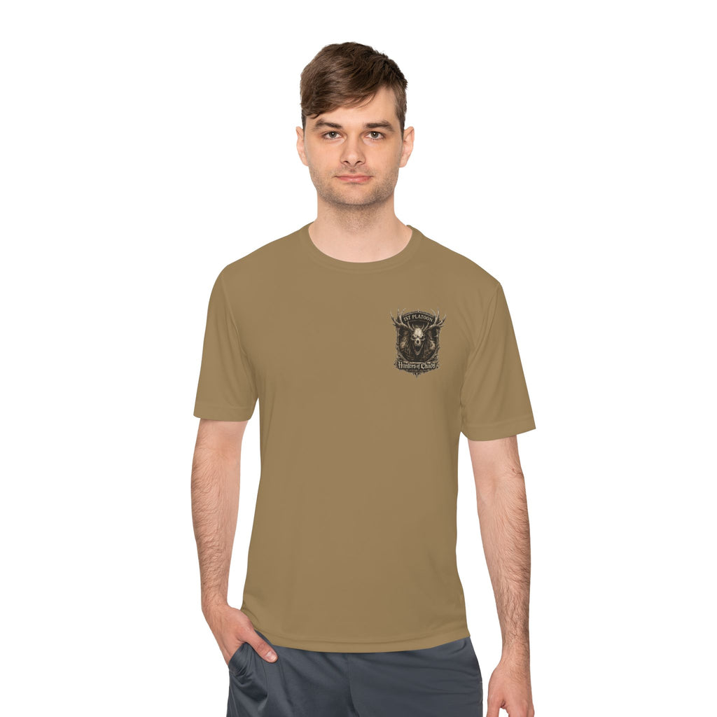 Coyote brown T-shirt with small chest deer emblem logo, worn by man